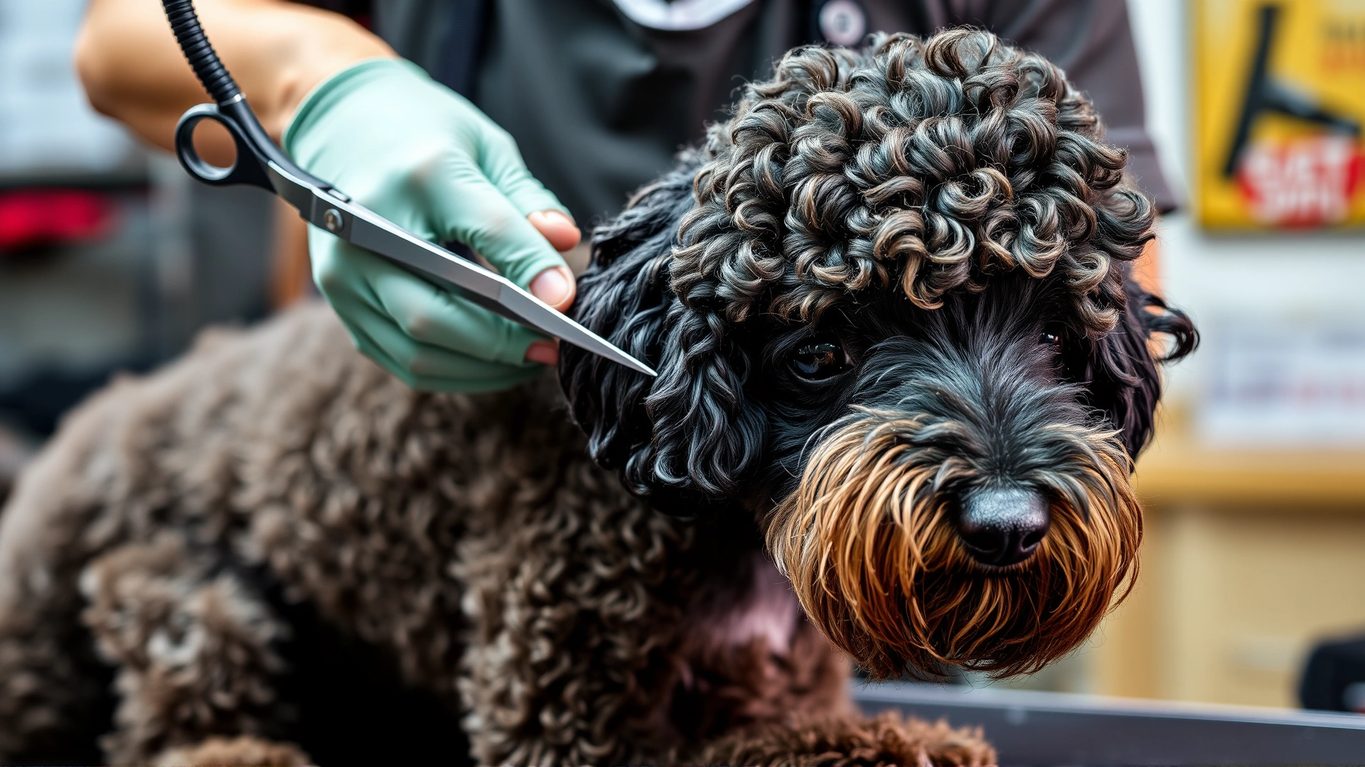 Owner gently trimming the curly coat of a Spanish Water Dog on a grooming table, close-up of scissors and textured fur.