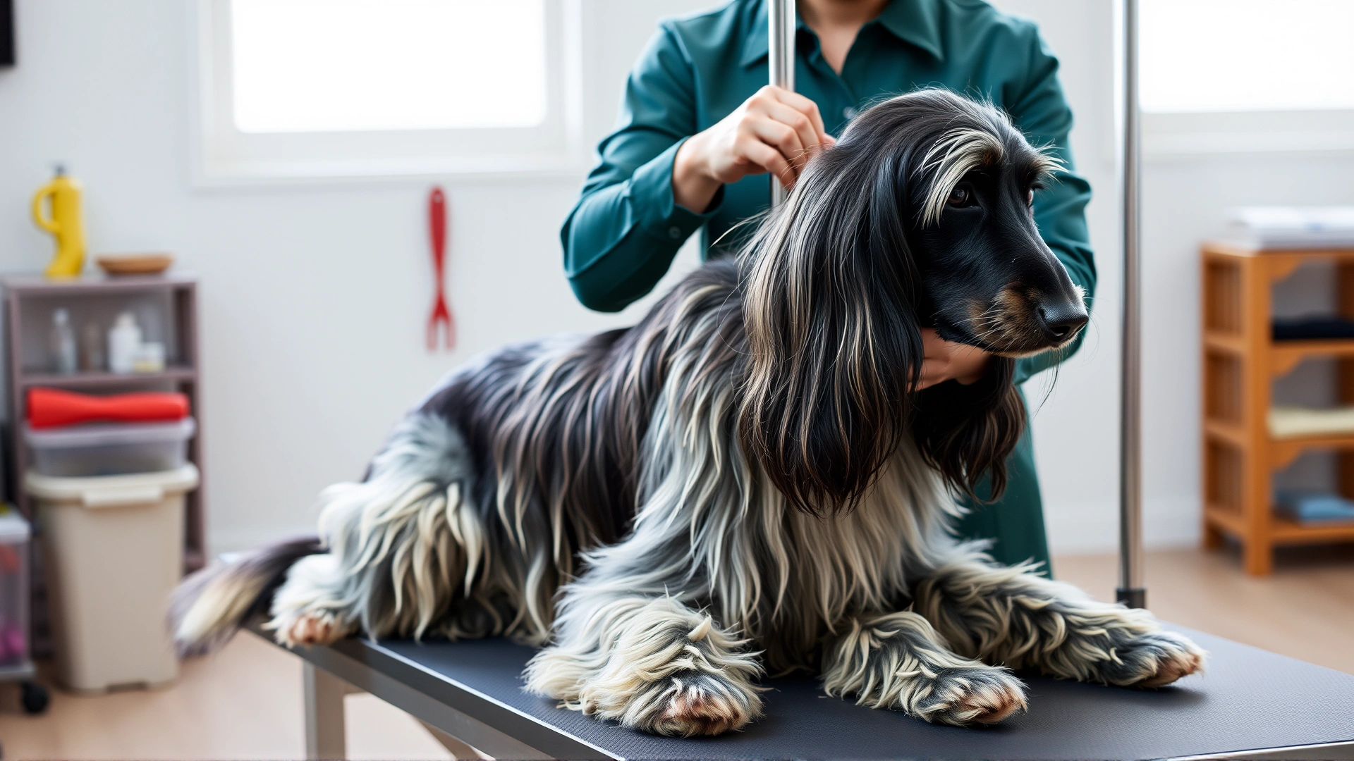 Indoor scene of a person gently brushing an Afghan Hound on a professional grooming table, visible brushes and combs, bright even lighting emphasizing coat care.