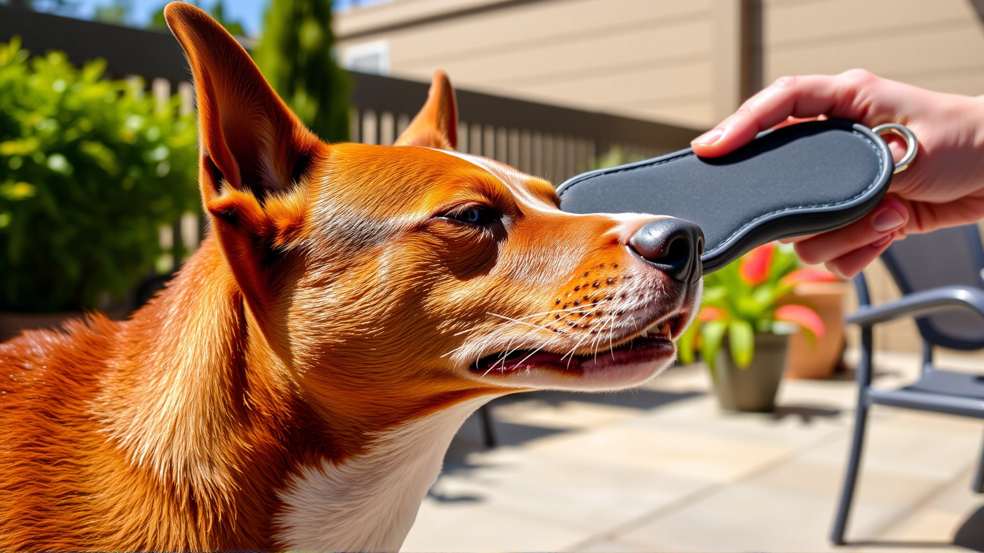 A Basenji calmly being brushed with a grooming mitt by its owner on a sunny patio, close-up on the short glossy coat.
