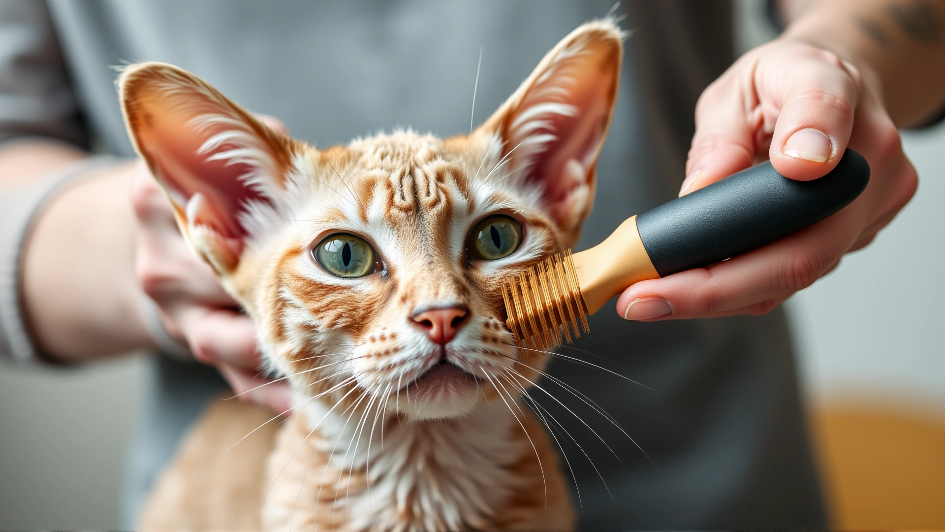 Owner gently brushing a Devon Rex cat with a soft rubber brush, focus on the cat’s curly coat