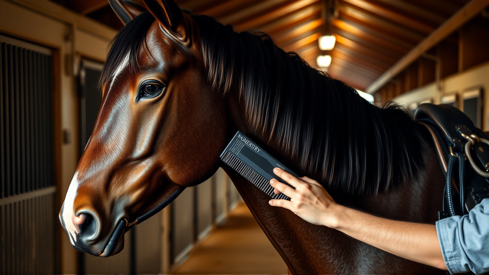 Close-up of a person brushing the shiny coat of an American Quarter Horse in a stable aisle