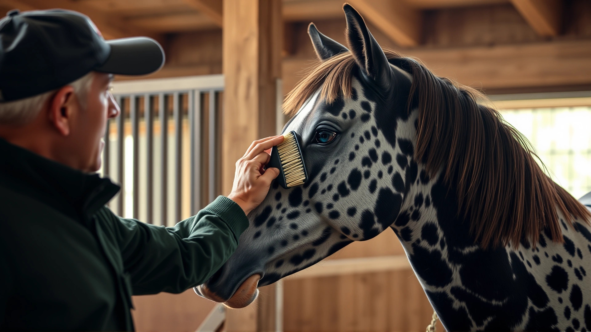 Owner gently brushing the spotted coat of an Appaloosa horse inside a wooden stable, soft ambient light and close-up on the brush.