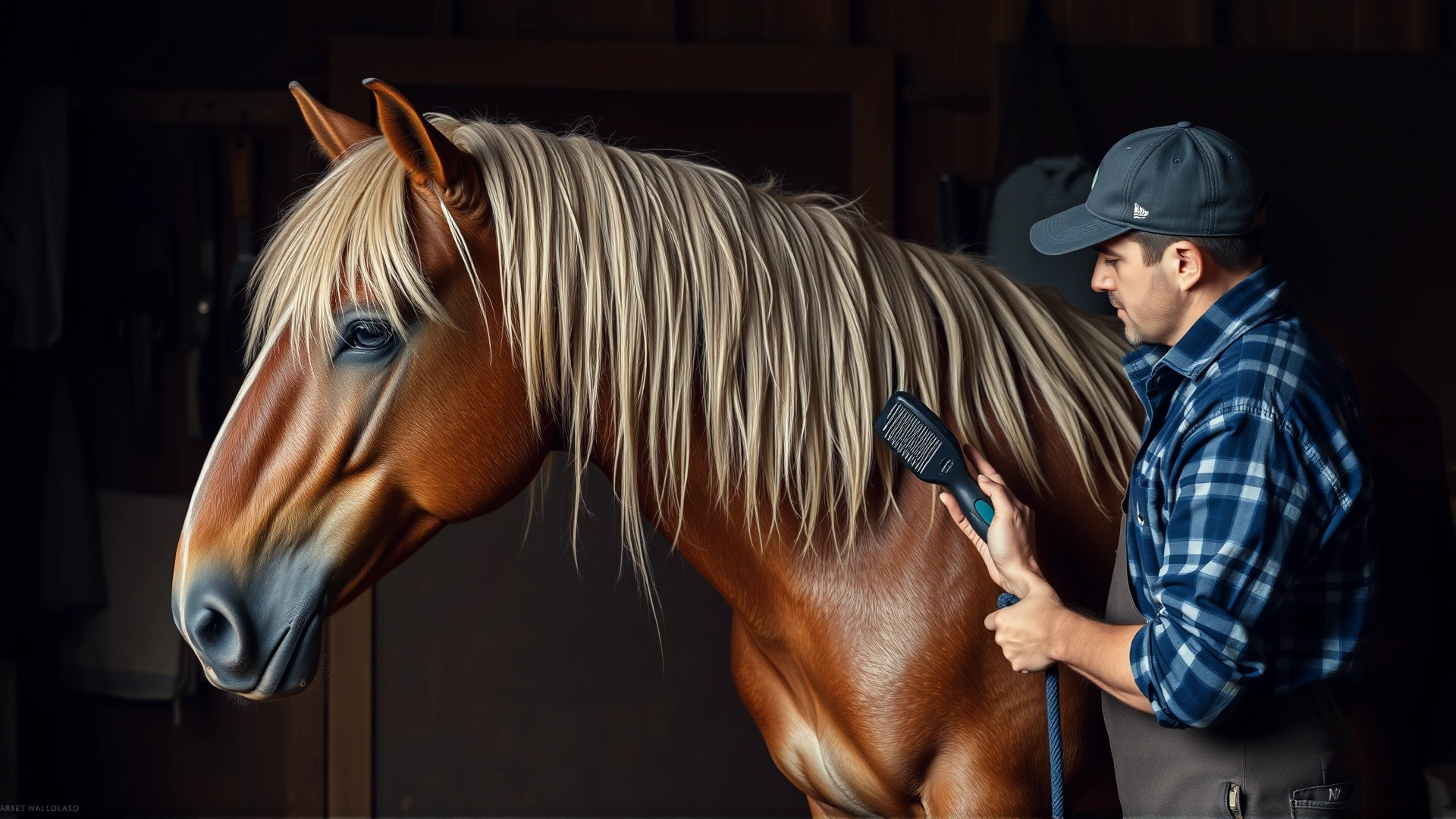 Stable scene of a groom brushing the thick mane of a Morgan horse, grooming tools hanging on the wall.