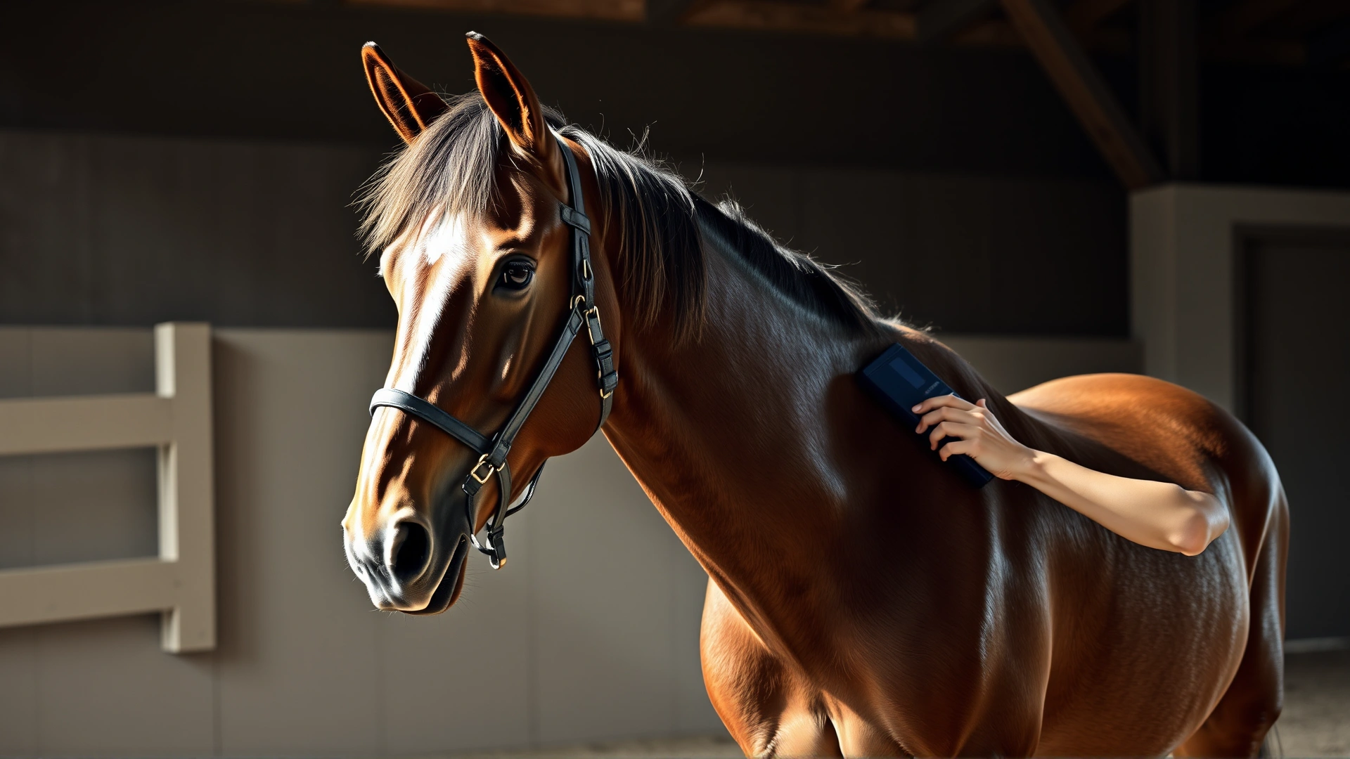 Owner brushing the shiny coat of a German Riding Pony while it is cross-tied in a well-lit grooming area