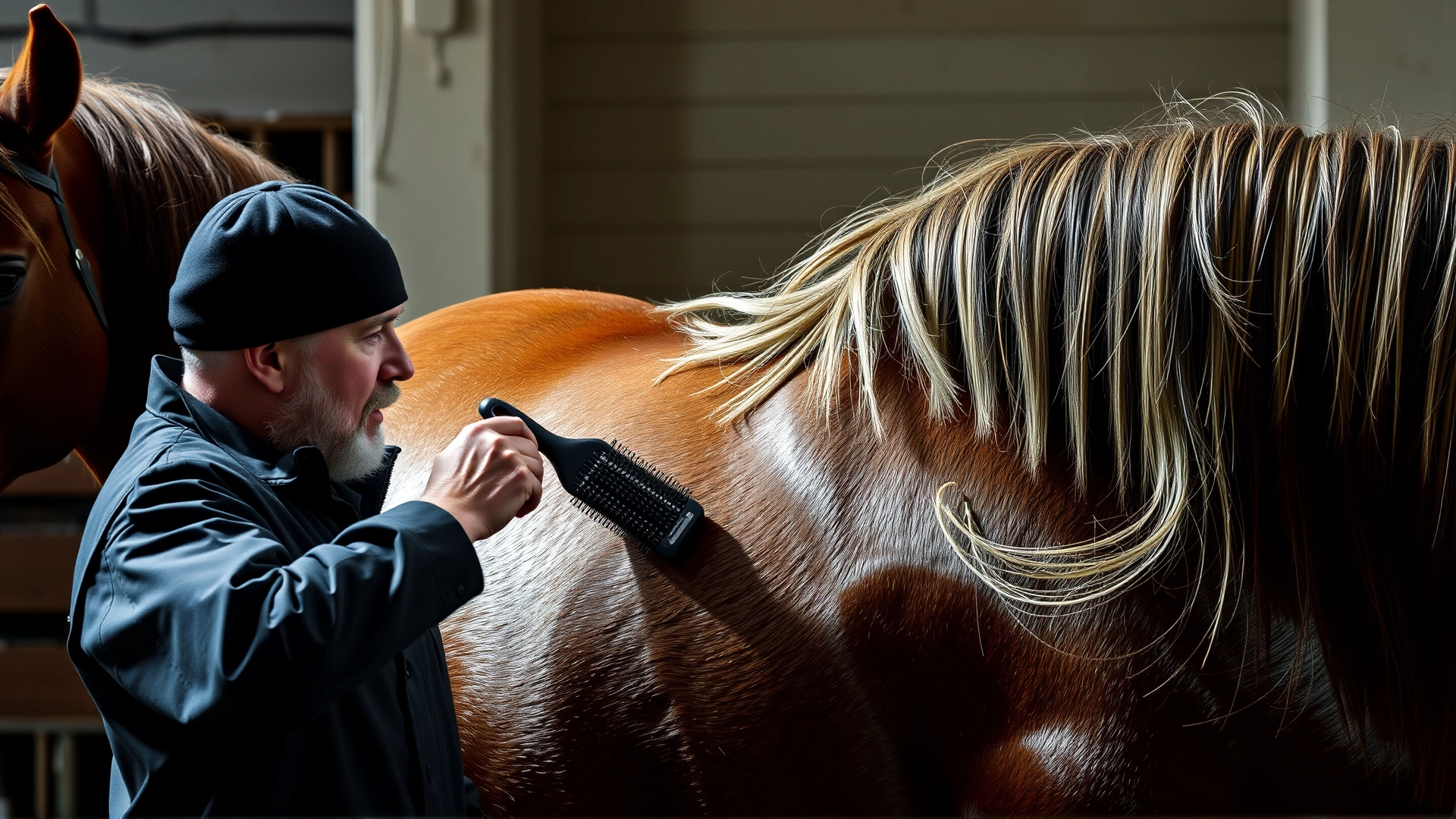 Caretaker brushing the long tail of a shiny Falabella horse with grooming tools laid out nearby