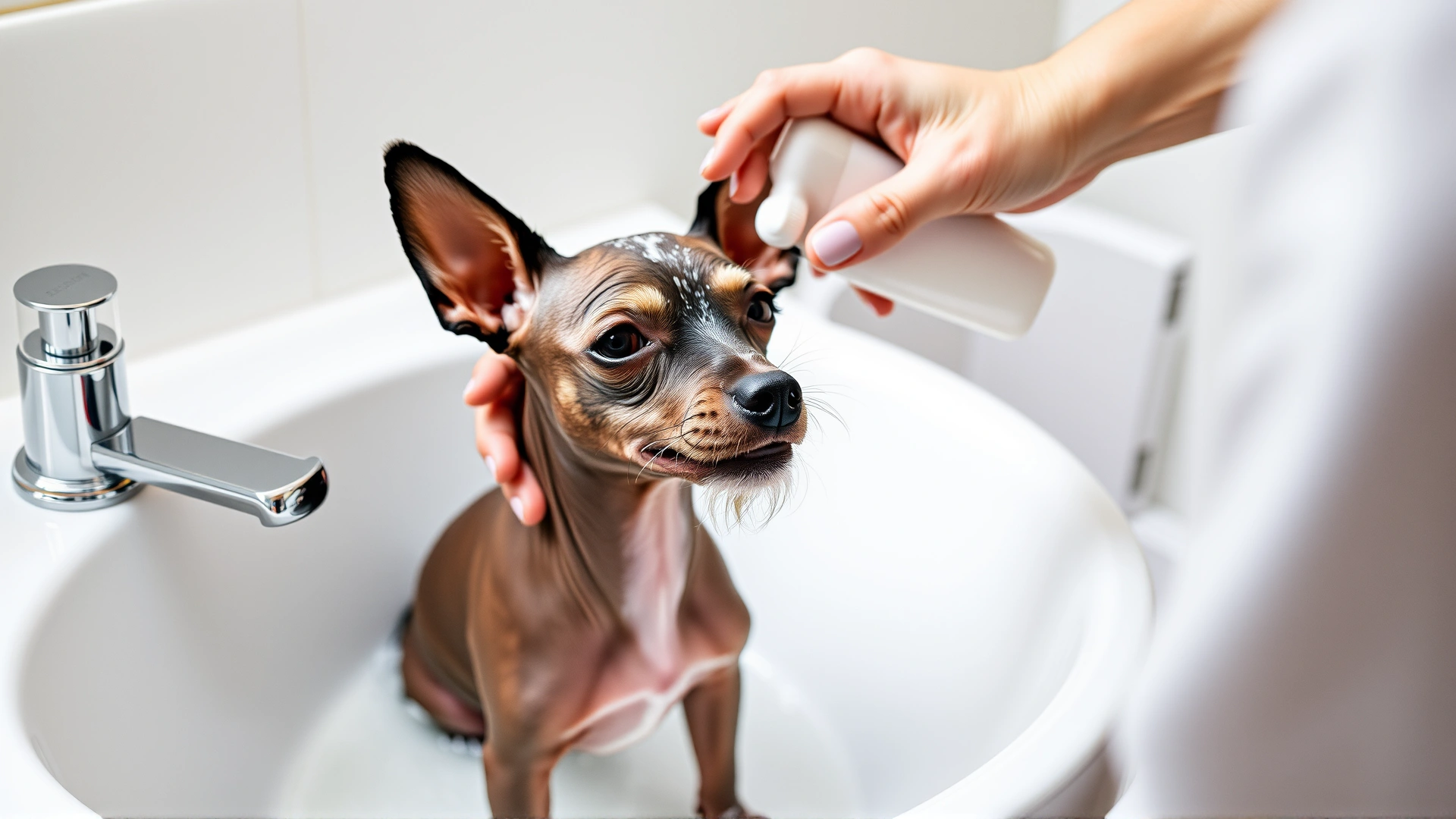 An owner gently bathing a hairless Chinese Crested dog in a sink, using mild pet shampoo, showing proper skincare routine.