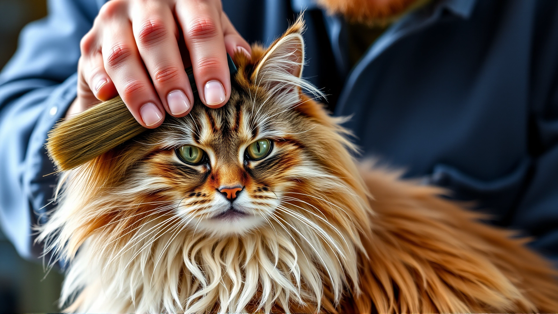 Owner brushing a long-haired cat with a slicker brush, loose fur visible