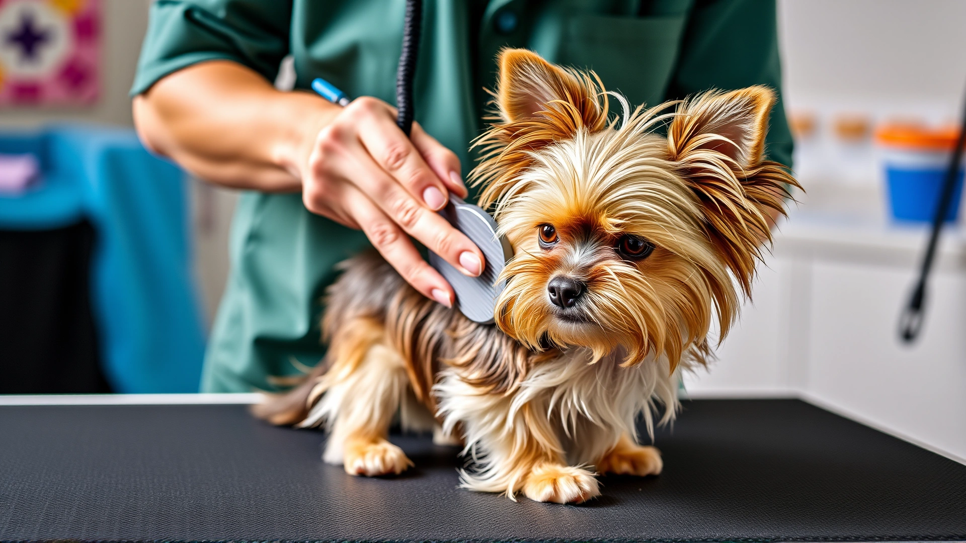 Owner carefully brushing a Chorkie's silky fur on a grooming table, bright and clean environment.