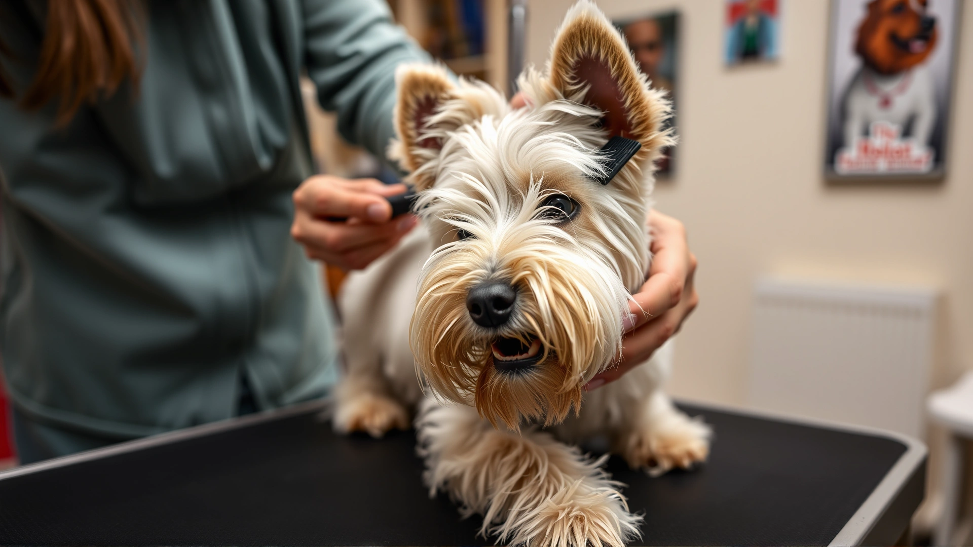 Close-up of hands gently brushing a Dandie Dinmont Terrier's coat on a grooming table, illustrating coat care, well-lit indoor setting, no text.
