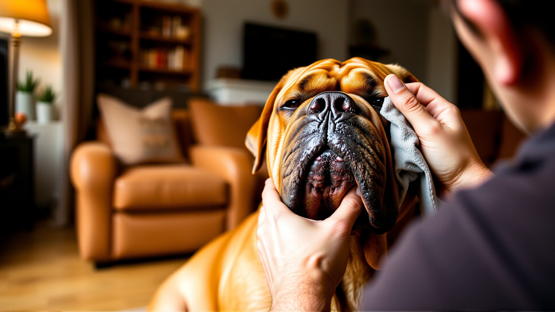 Indoor scene of an owner gently cleaning the facial folds of a Dogue de Bordeaux with a microfiber cloth, cozy living-room background