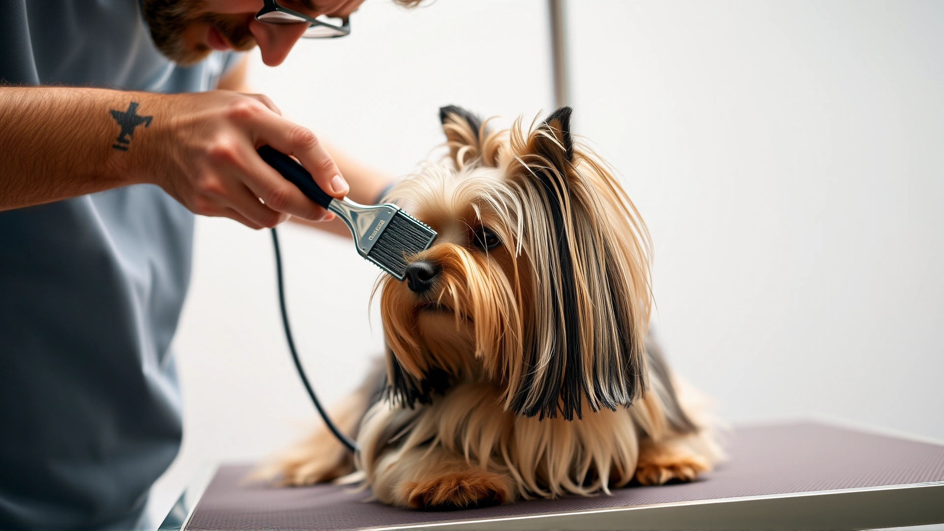 Owner gently brushing a long-haired Dorkie on a grooming table, close focus on brush and silky fur, bright clean backdrop