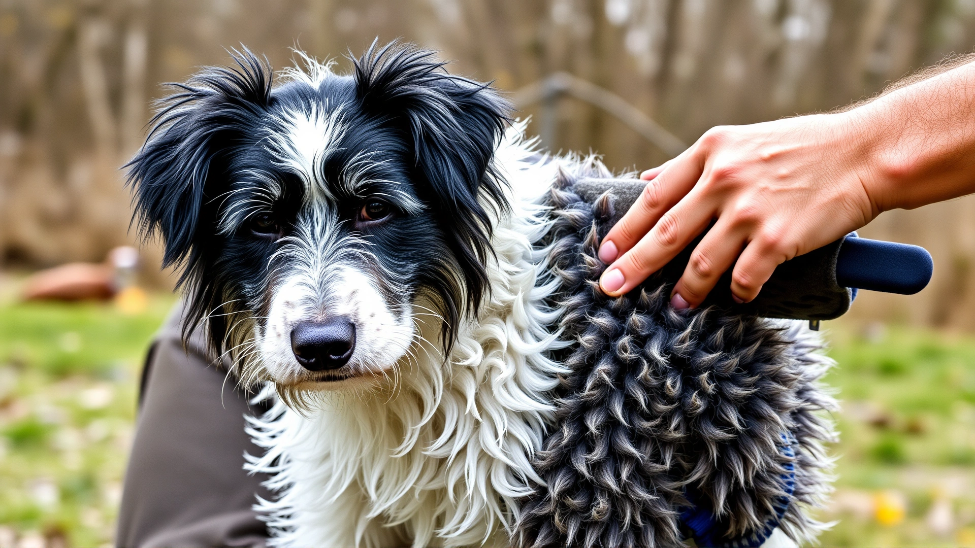 Owner brushing a Mountain Cur's short coat with a grooming mitt outdoors, loose hair visible, springtime setting
