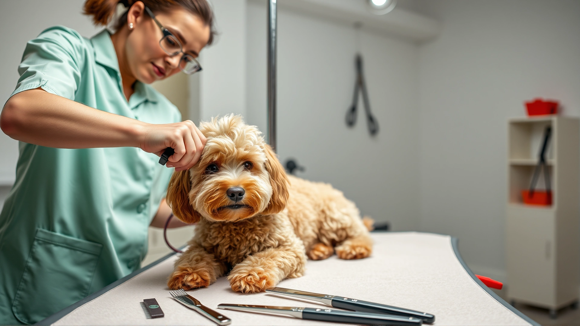 Professional groomer brushing a Shepadoodle on a grooming table, with combs and scissors laid neatly nearby, bright indoor lighting.