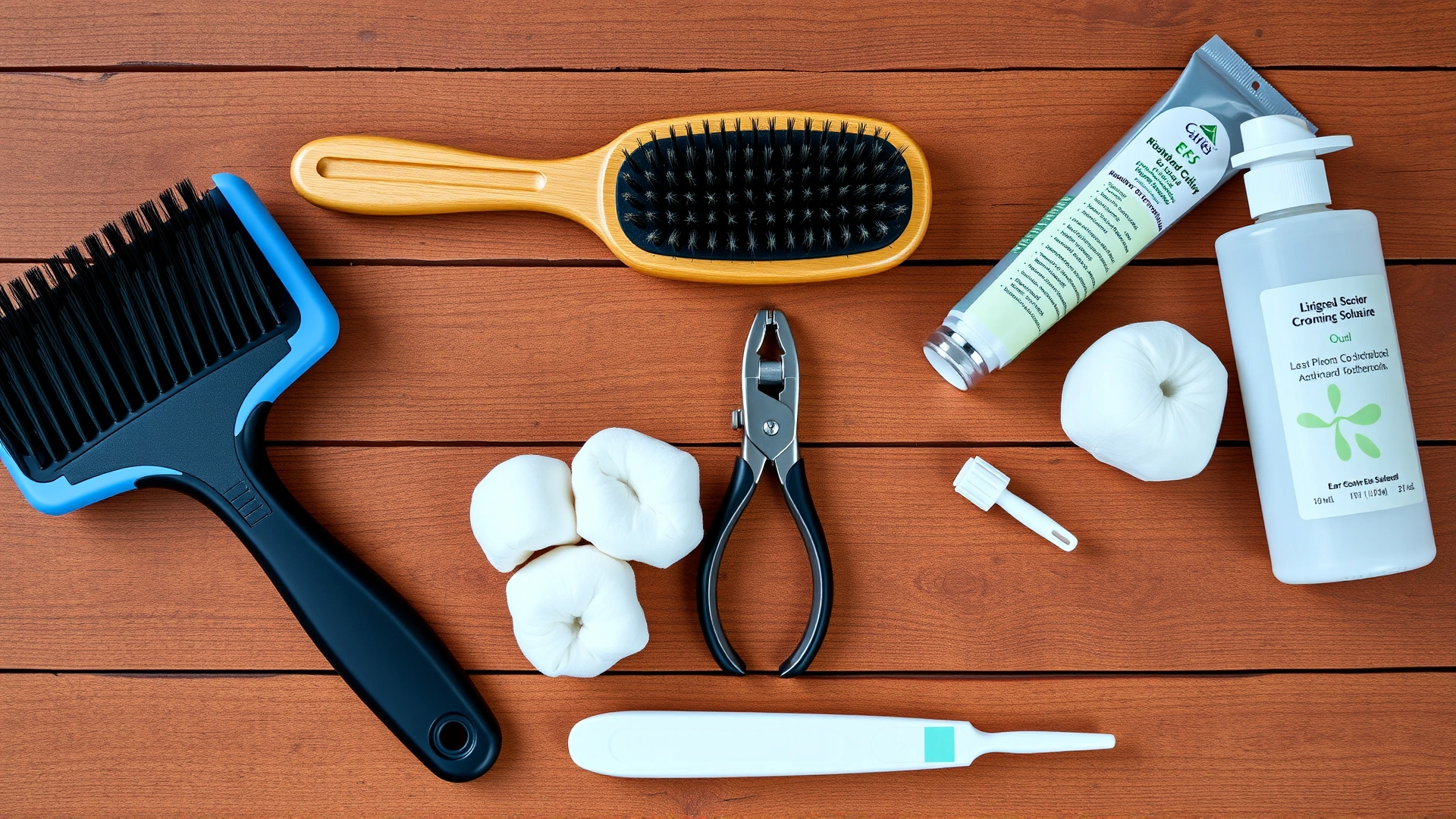 Flat lay of dog grooming tools neatly arranged on a wooden surface: slicker brush, rubber curry brush, stainless steel comb, dog nail clippers, cotton balls, ear cleaning solution, dog toothbrush and toothpaste.