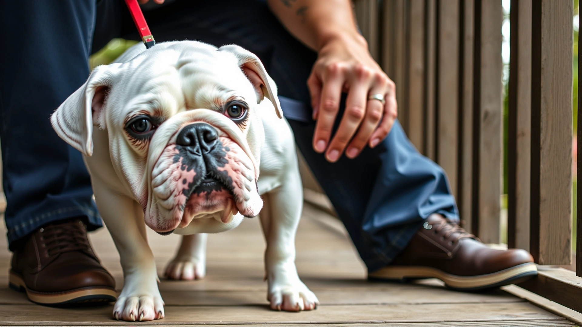 Owner gently brushing the short white coat of an American Bulldog on a wooden porch.