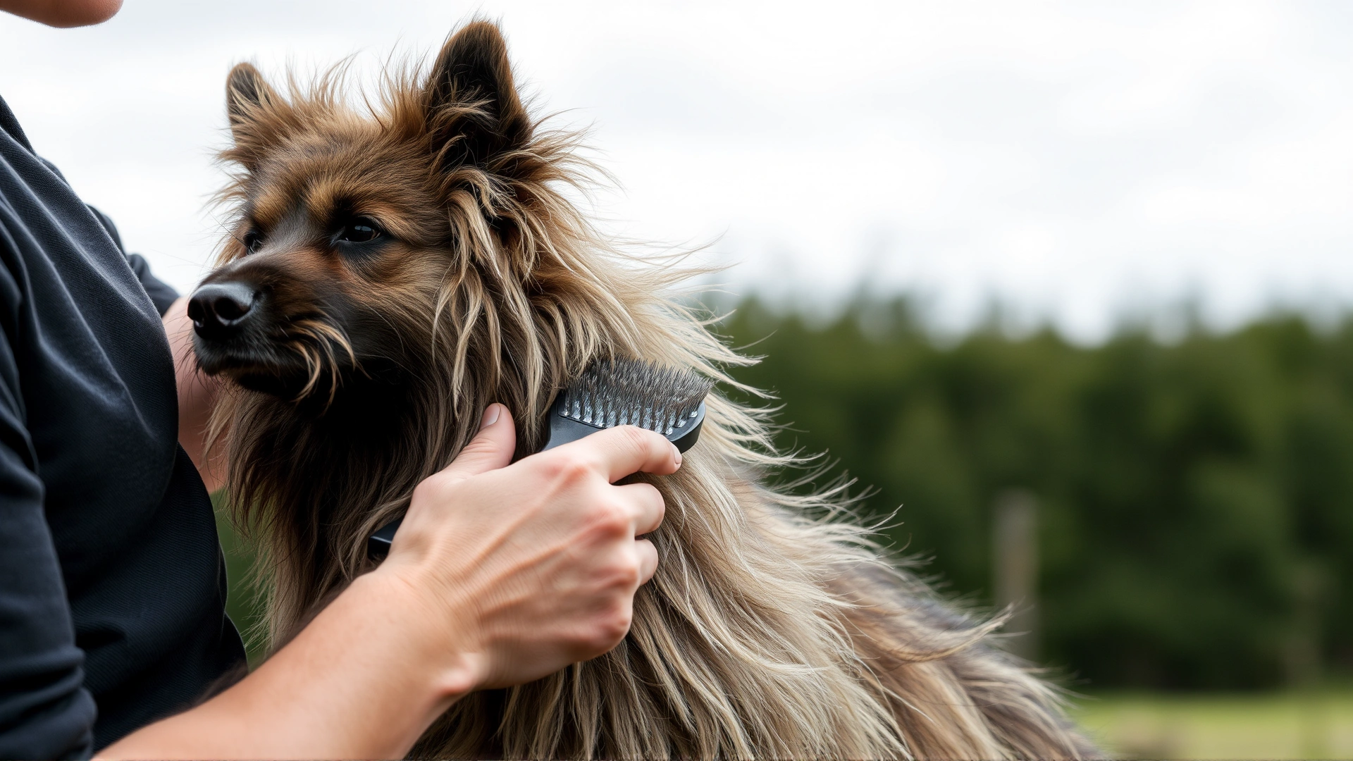 Person brushing a Sheprador's thick coat outdoors, fur flying slightly in the breeze to emphasize shedding season.