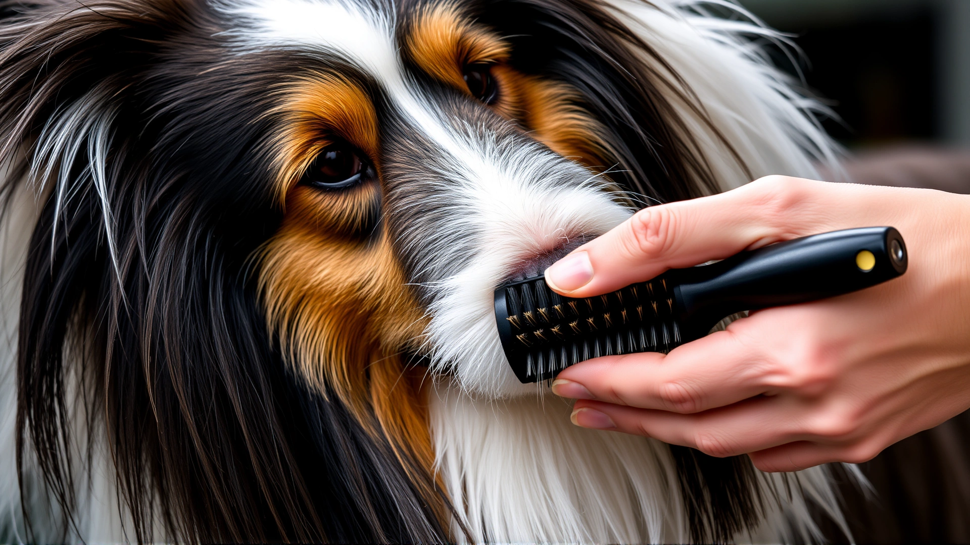 Close-up of hands brushing a Shetland Sheepdog's long double coat with a slicker brush, highlighting the grooming process.