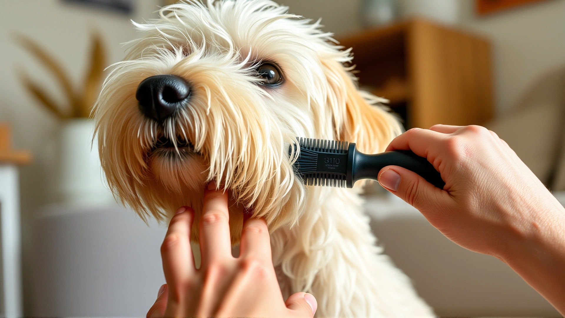 Close-up of hands brushing a Soft Coated Wheaten Terrier's soft coat indoors with natural light