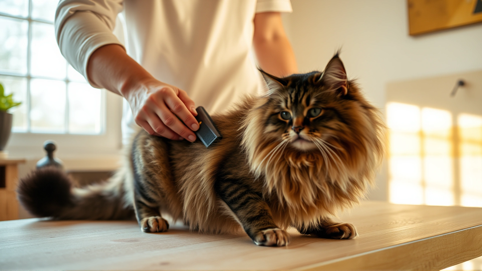 Owner gently brushing a semi-long-haired Pixiebob cat on a wooden grooming table near a sunlit window.