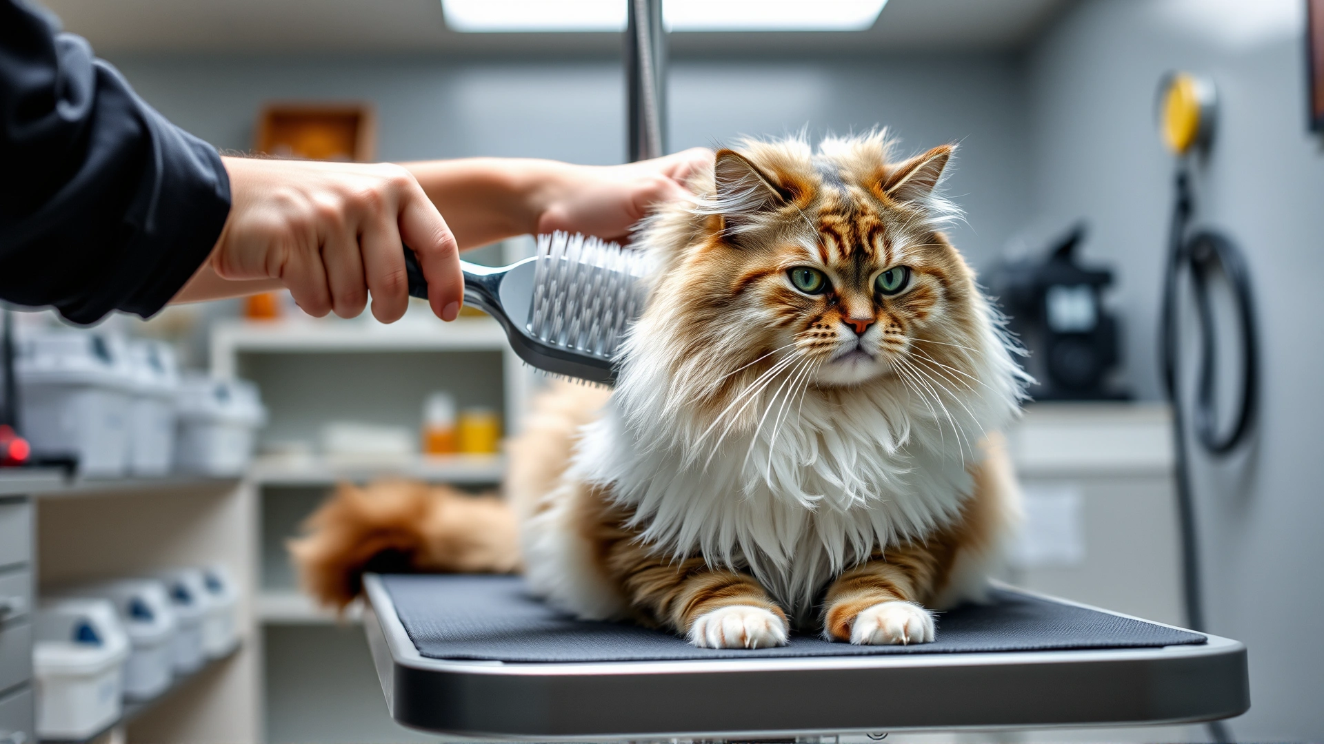 Person gently brushing a Siberian cat with a slicker brush on a grooming table, well-lit interior