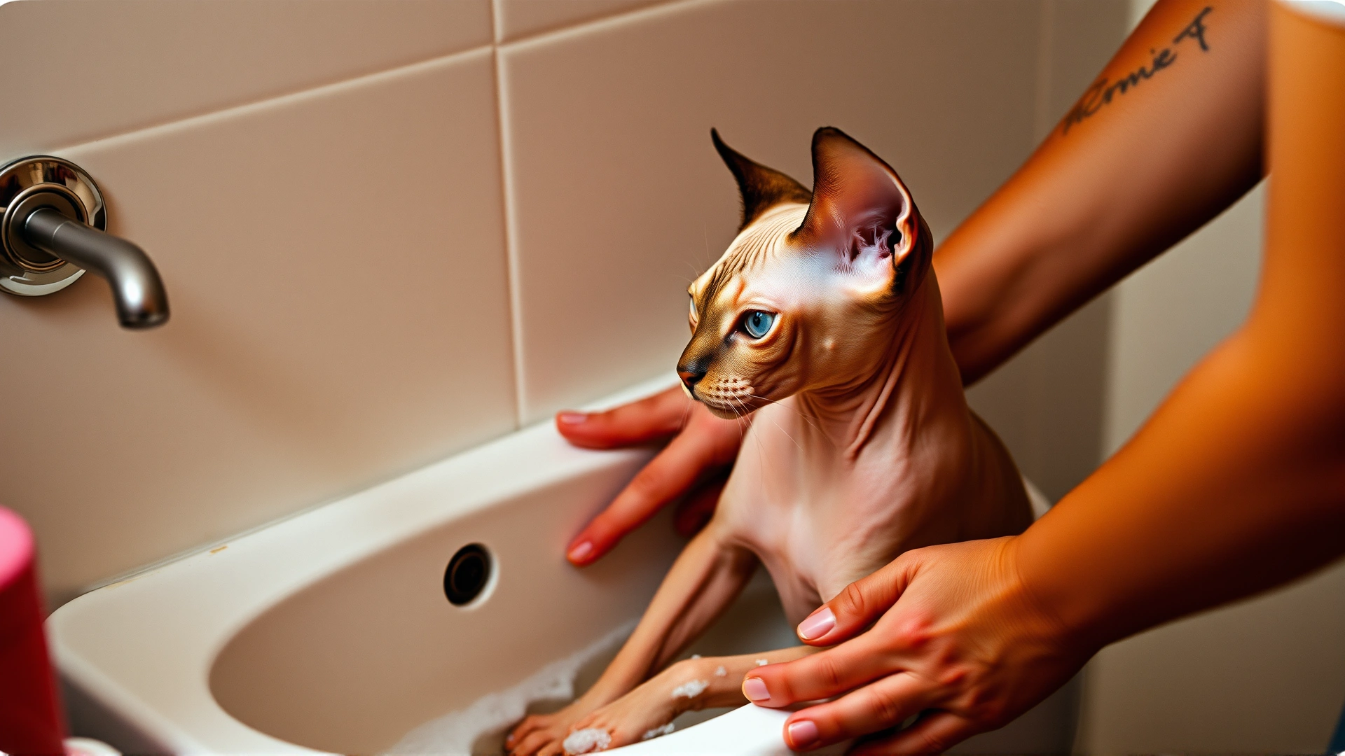 Owner gently bathing a Sphynx cat in a small sink with mild soap, warm color tones, no text.