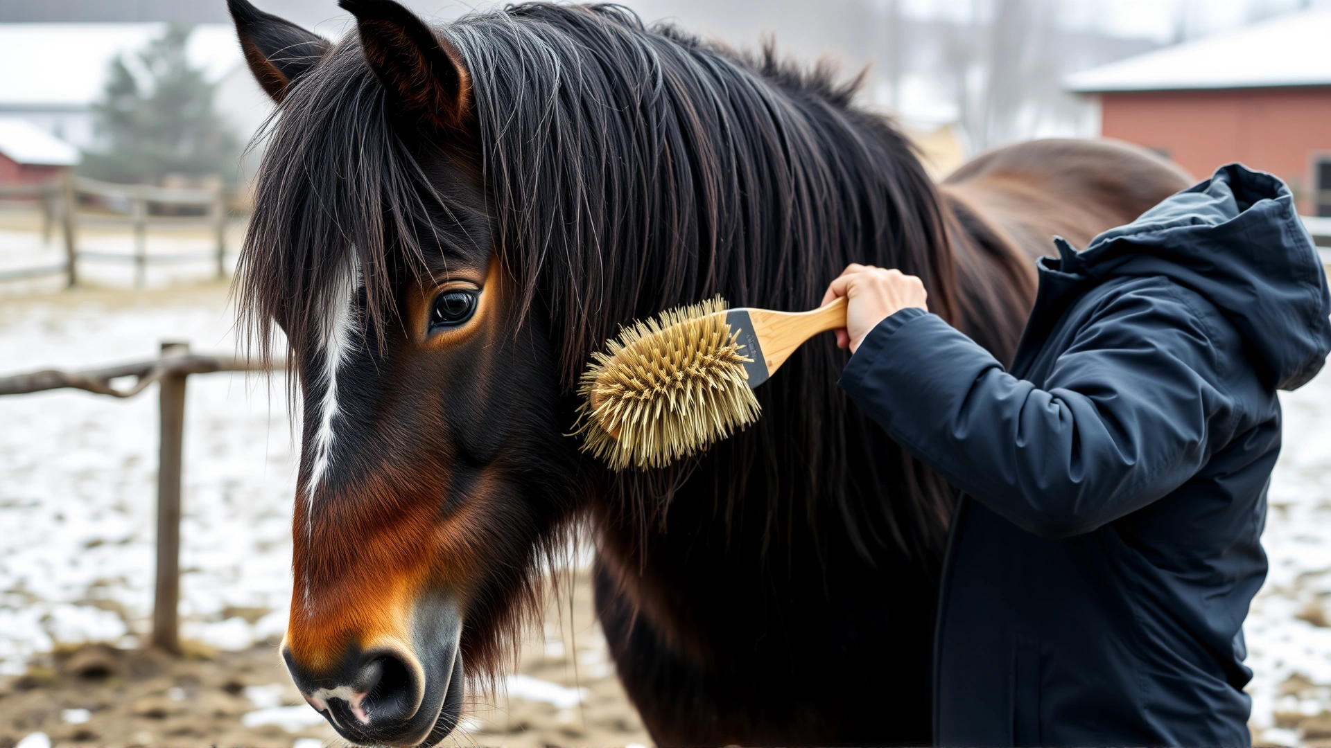 Owner brushing the thick winter coat of an Icelandic horse in an outdoor paddock, loose hair visible in brush