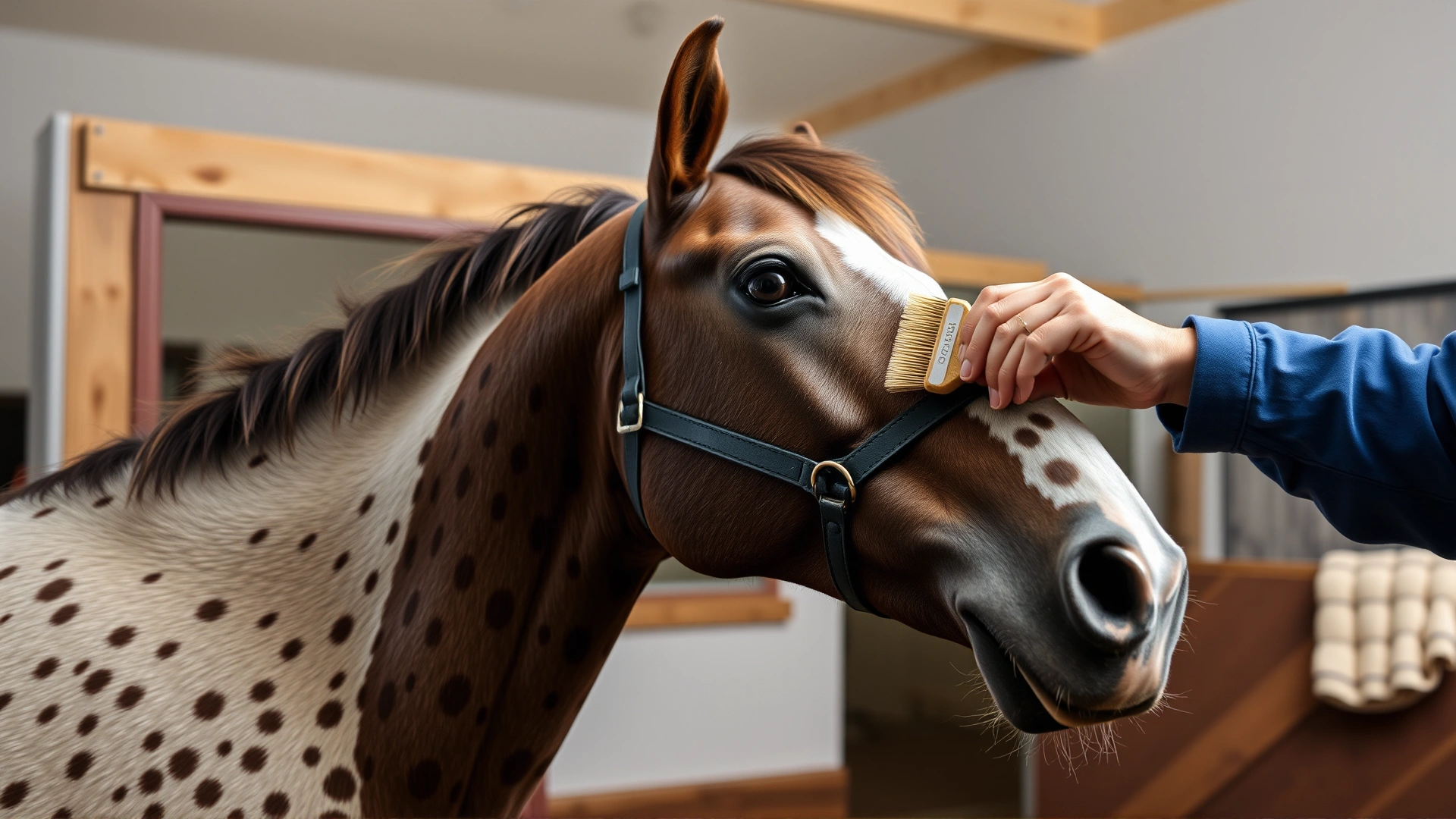 Close-up photo of a groom using a soft brush on a white-spotted Knabstrupper’s neck inside a clean stable, friendly atmosphere, no text