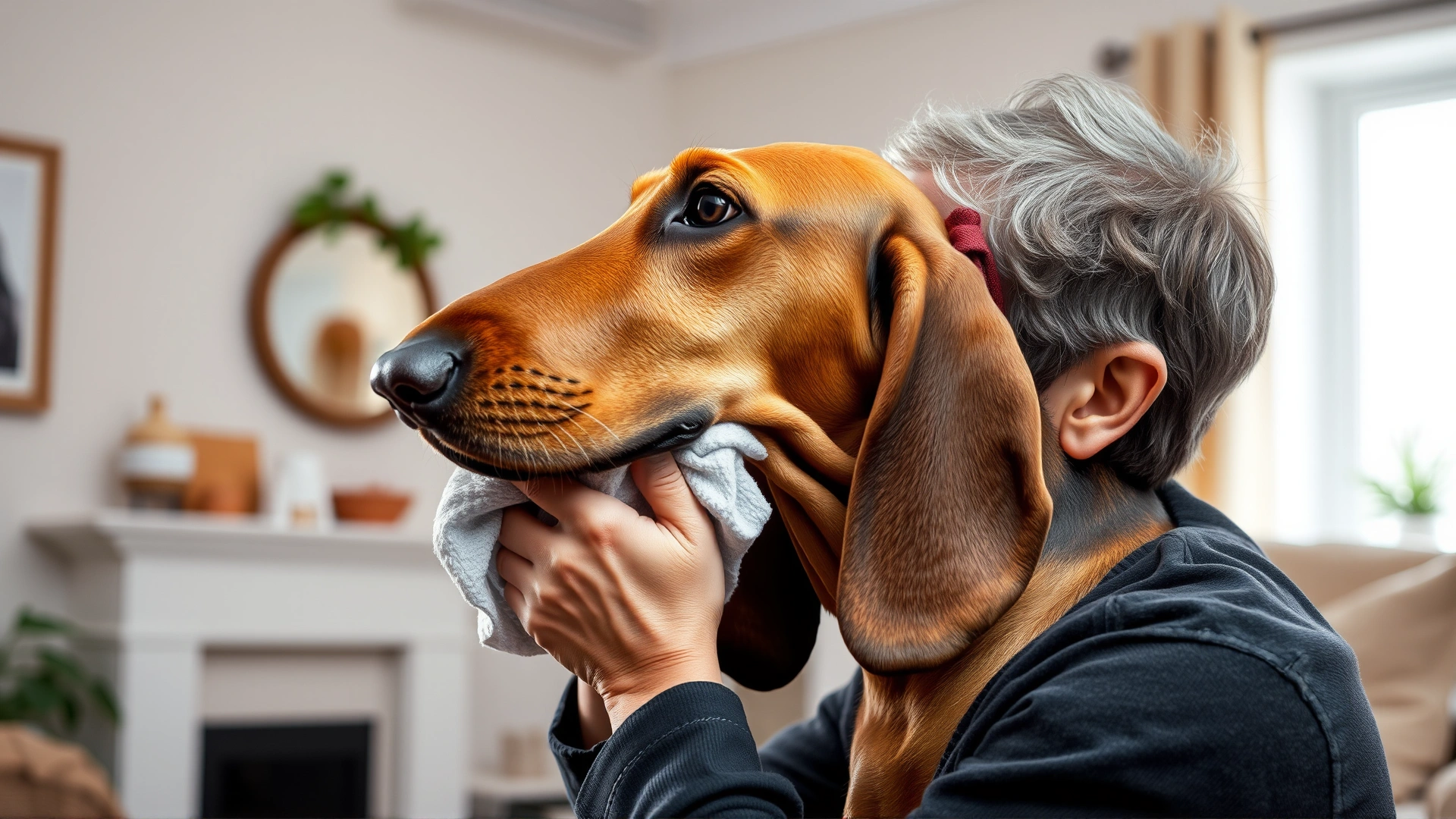 Owner gently cleaning the folds around a Bloodhound’s neck with a soft cloth in a well-lit home setting