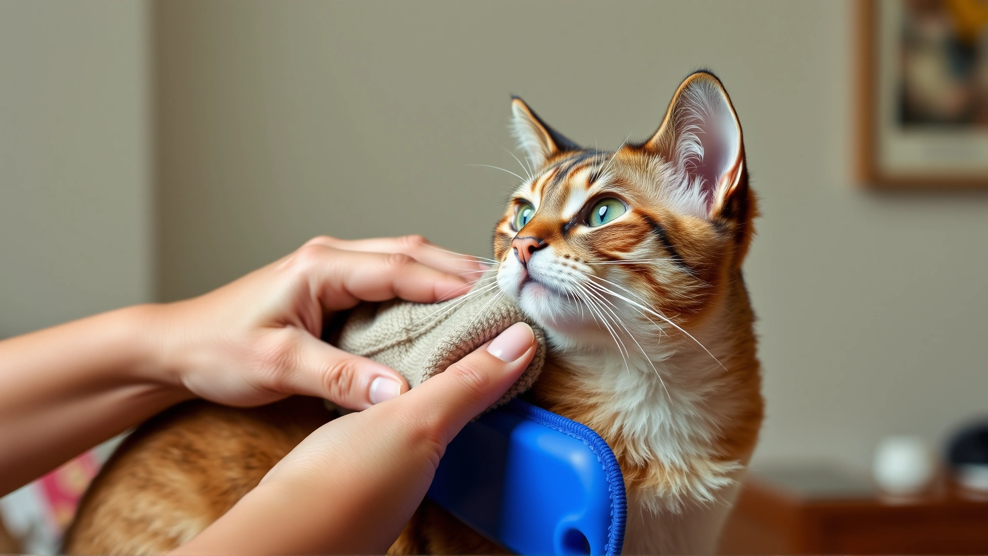 Owner gently brushing a short-haired Singapura cat with a soft grooming glove, cozy indoor setting