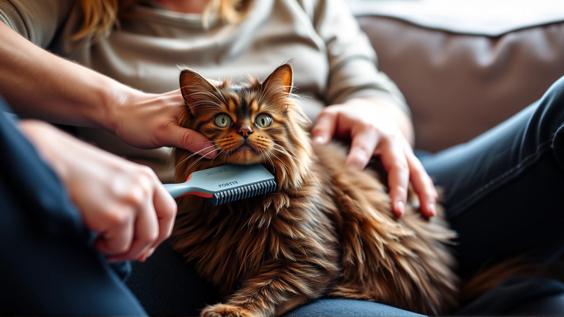 Owner gently brushing a York Chocolate cat's coat with a slicker brush on a comfy sofa, cozy domestic setting, no text