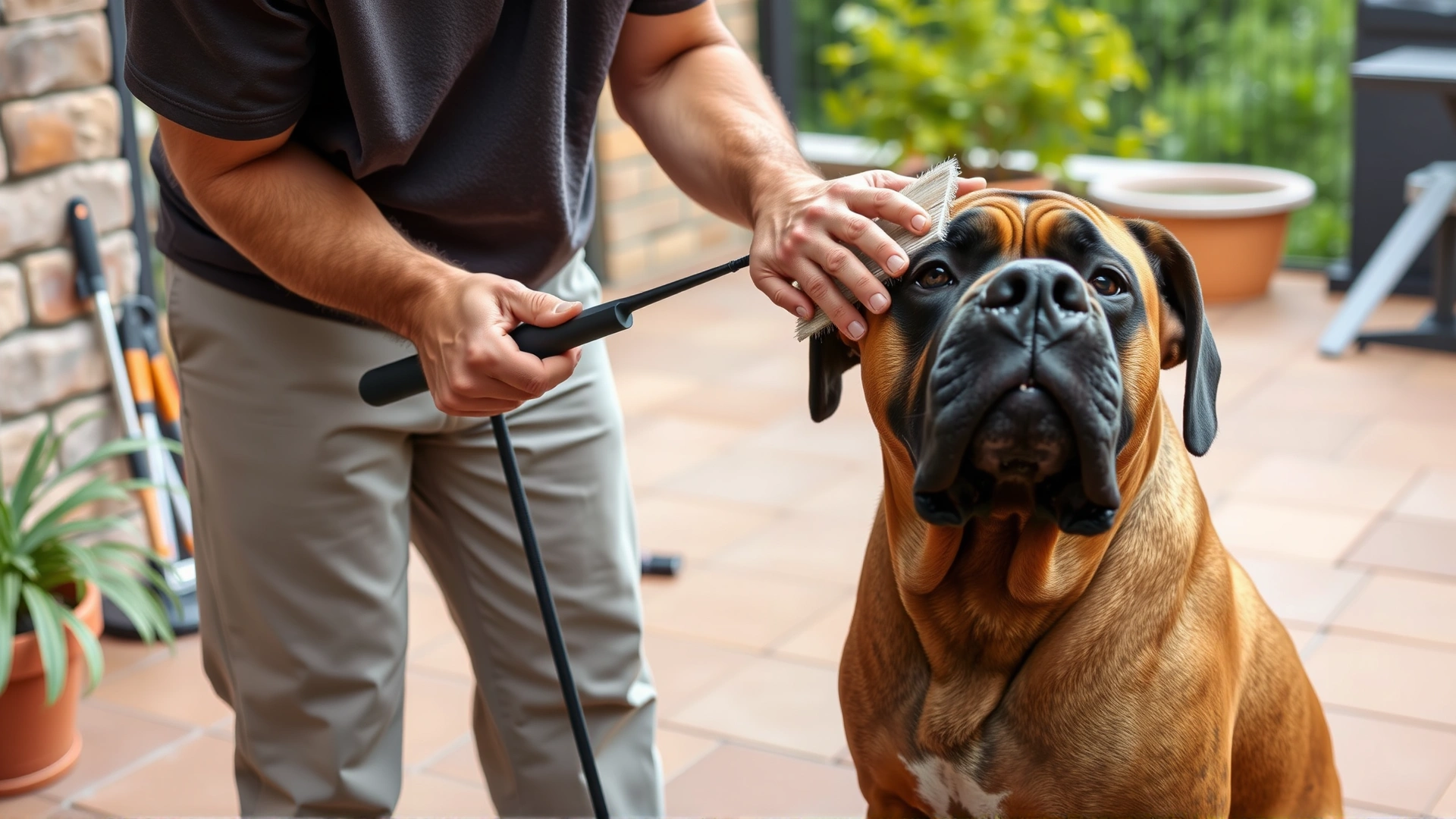 Owner brushing the short coat of a Boerboel on a patio, grooming tools neatly arranged nearby