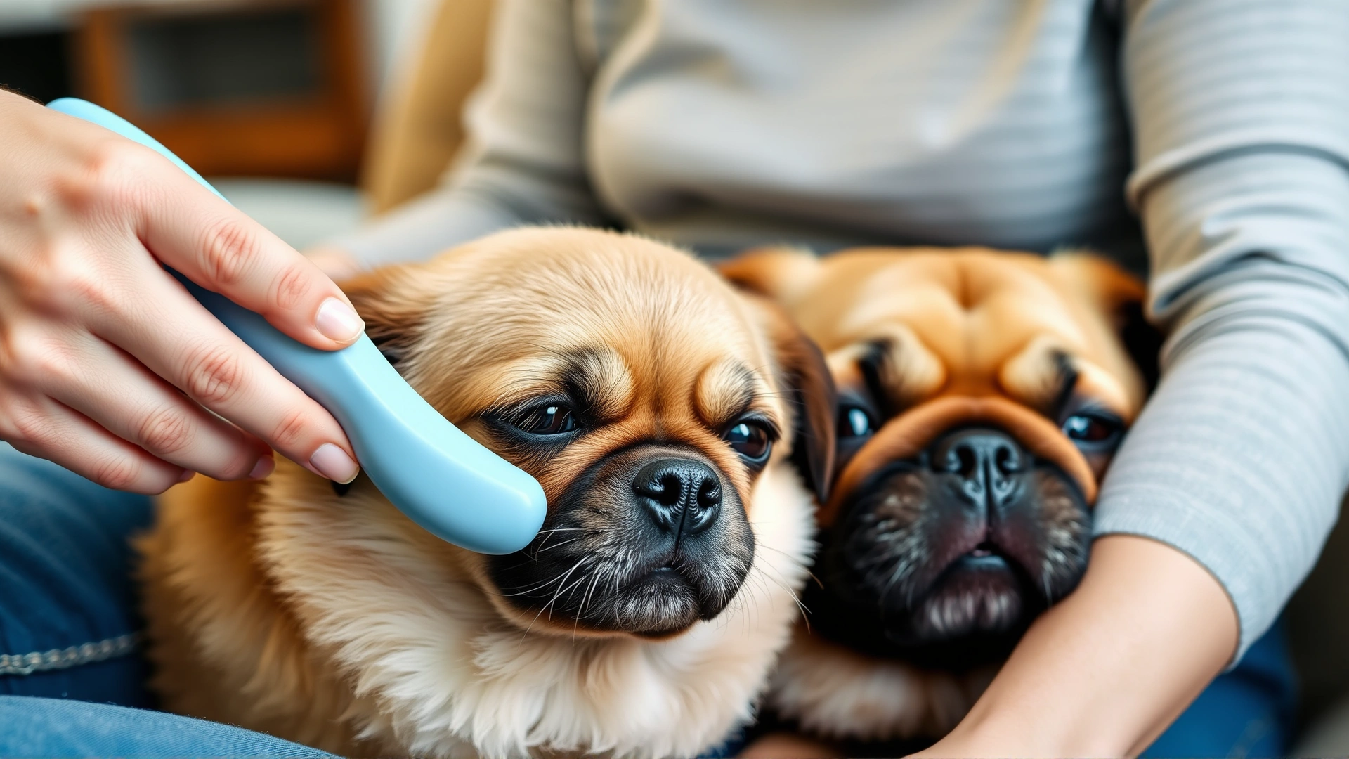 Close-up of a hand brushing a Chug dog’s short coat with a soft slicker brush; relaxed dog on owner’s lap.
