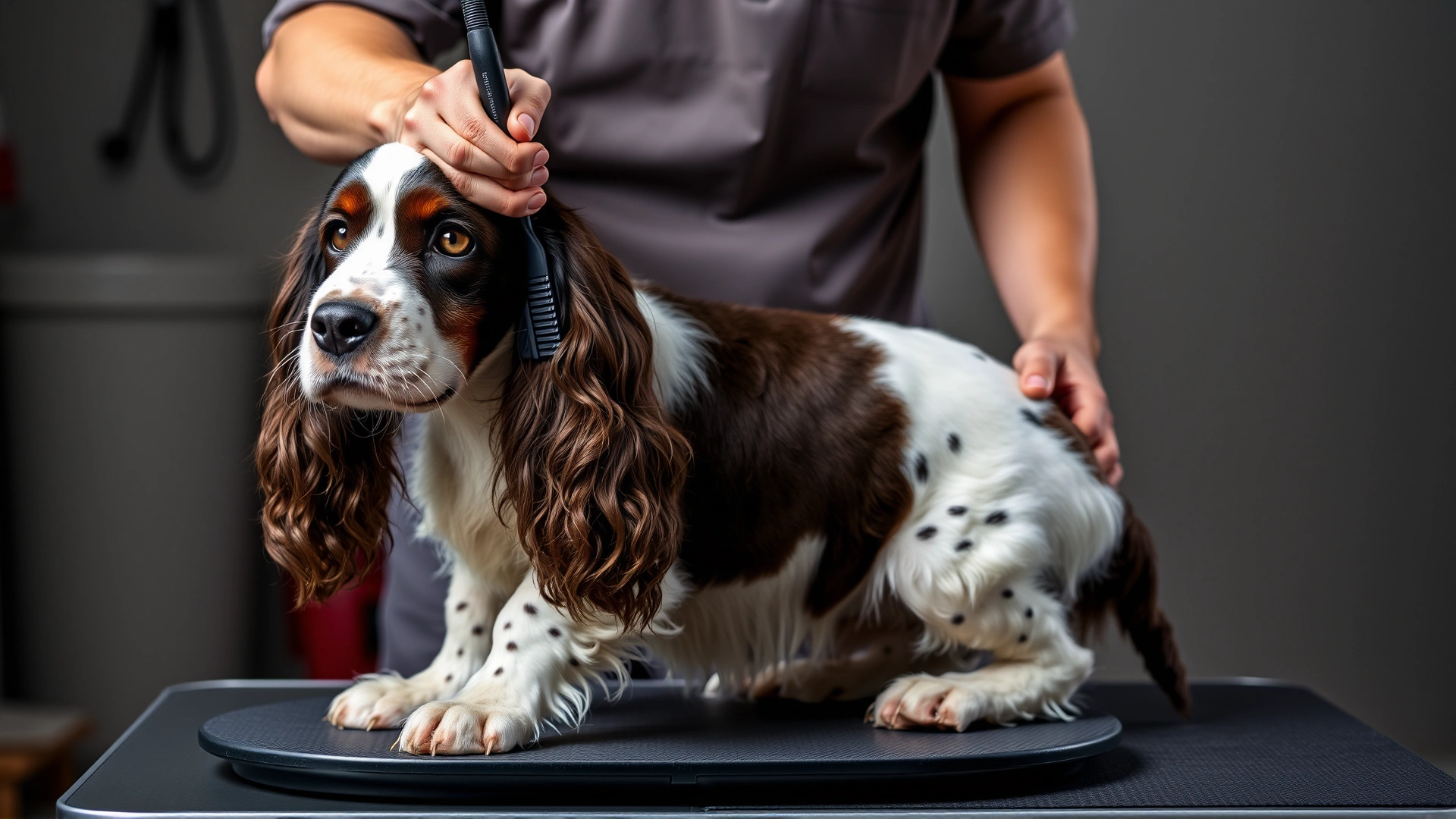 Owner gently brushing a Field Spaniel on a grooming table, focusing on coat care.