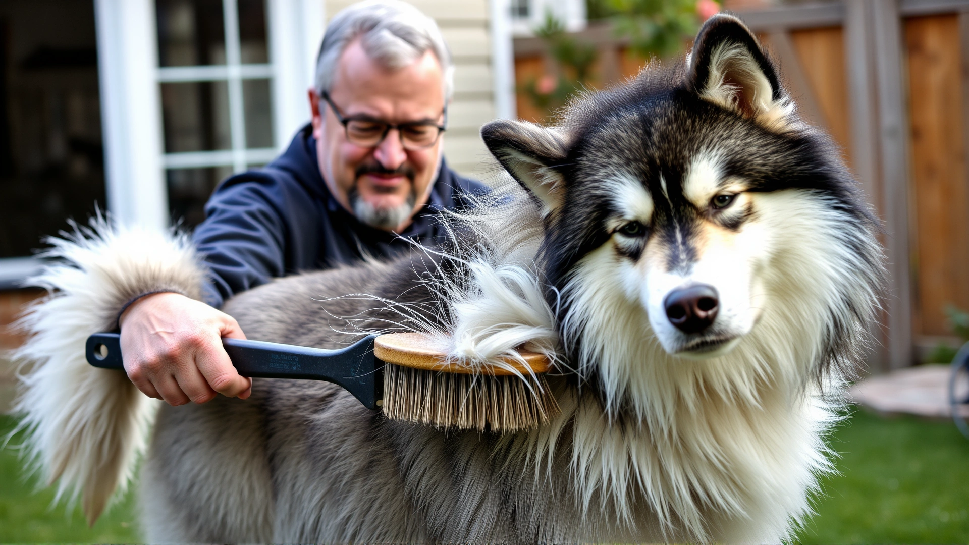 Owner brushing an Alaskan Malamute’s dense coat in a backyard setting, fur flying off the brush to illustrate shedding.