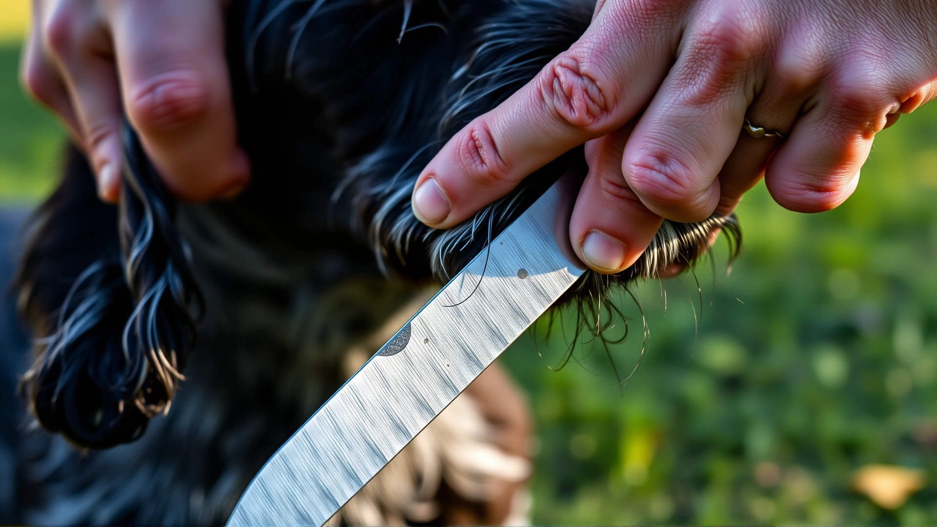 Close-up of hands using a stripping knife on a German Wirehaired Pointer’s wiry coat outdoors, natural lighting.