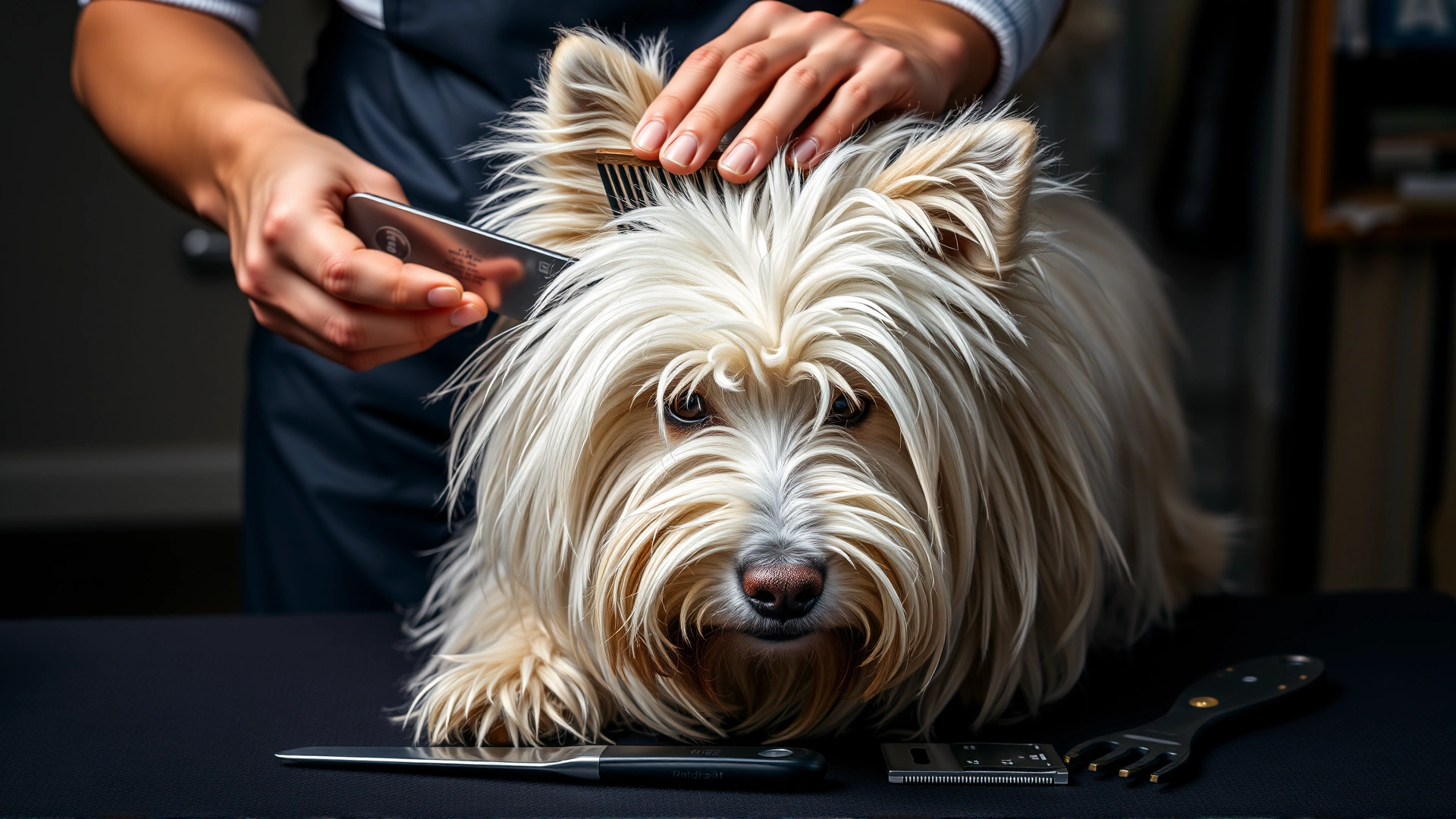 A person brushing the thick coat of an Icelandic Sheepdog with professional grooming tools laid out nearby.