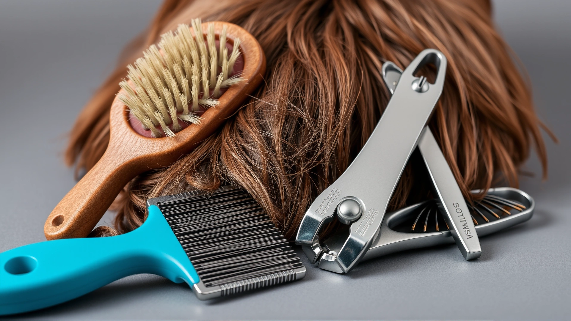 Set of grooming tools including slicker brush, steel comb and nail clippers next to tufts of wiry dog hair, neutral background, no text