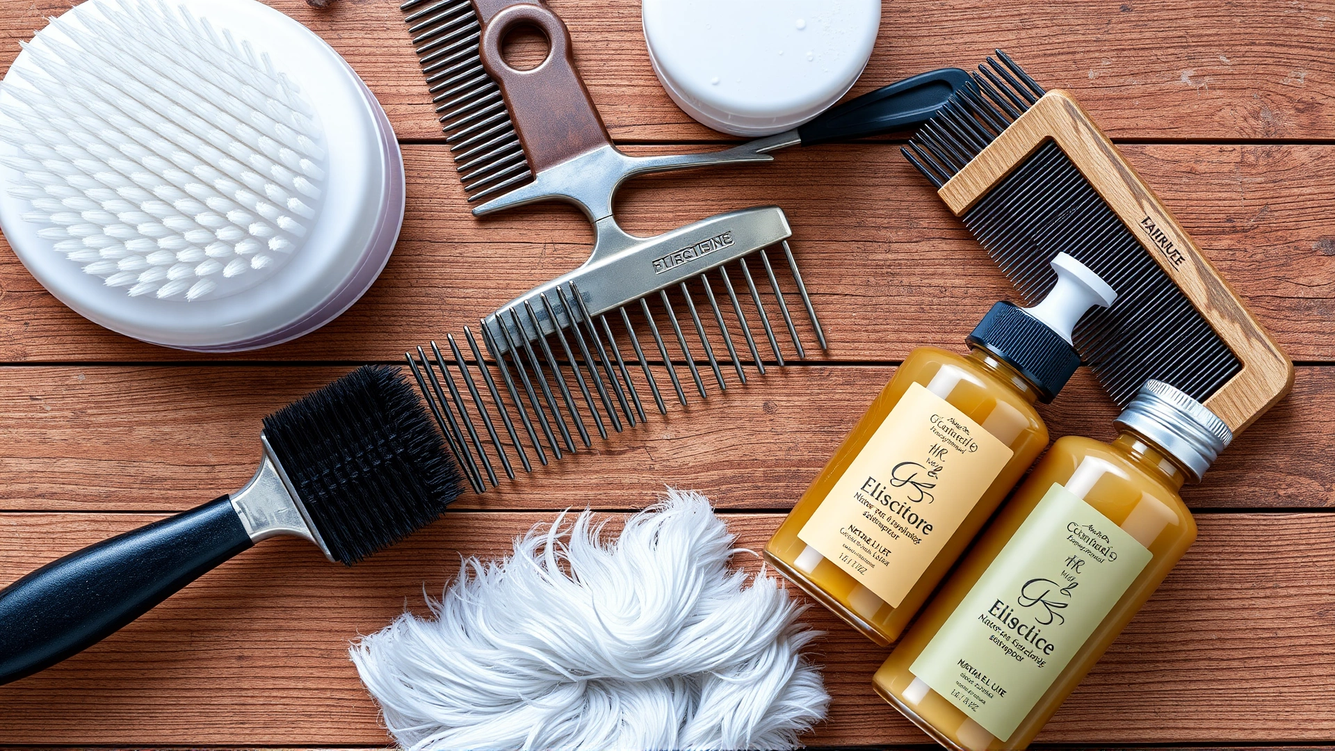 Top-down view of assorted dog grooming tools—slicker brush, deshedding rake, metal comb, natural shampoo bottles—arranged neatly on a wooden surface
