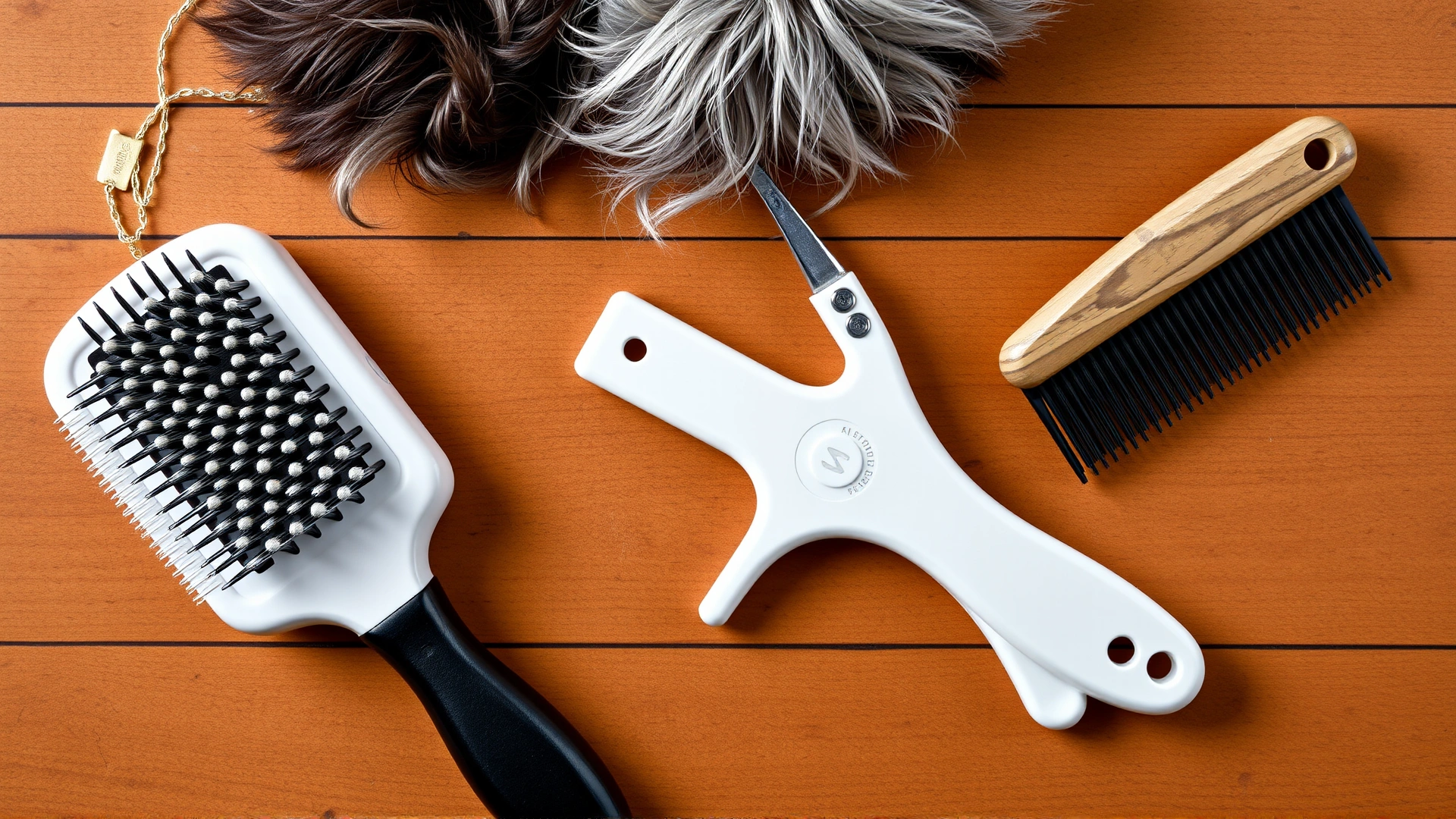 Flat-lay of dog grooming tools (slicker brush, undercoat rake, deshedding tool) on a wooden surface with tufts of dog fur.