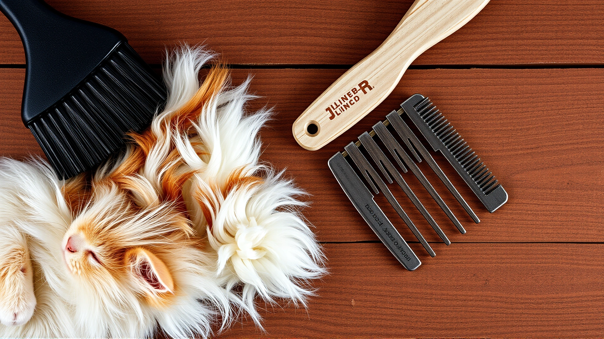 Flat lay of cat grooming tools such as a slicker brush and metal comb next to clumps of white and auburn fur on a wooden surface