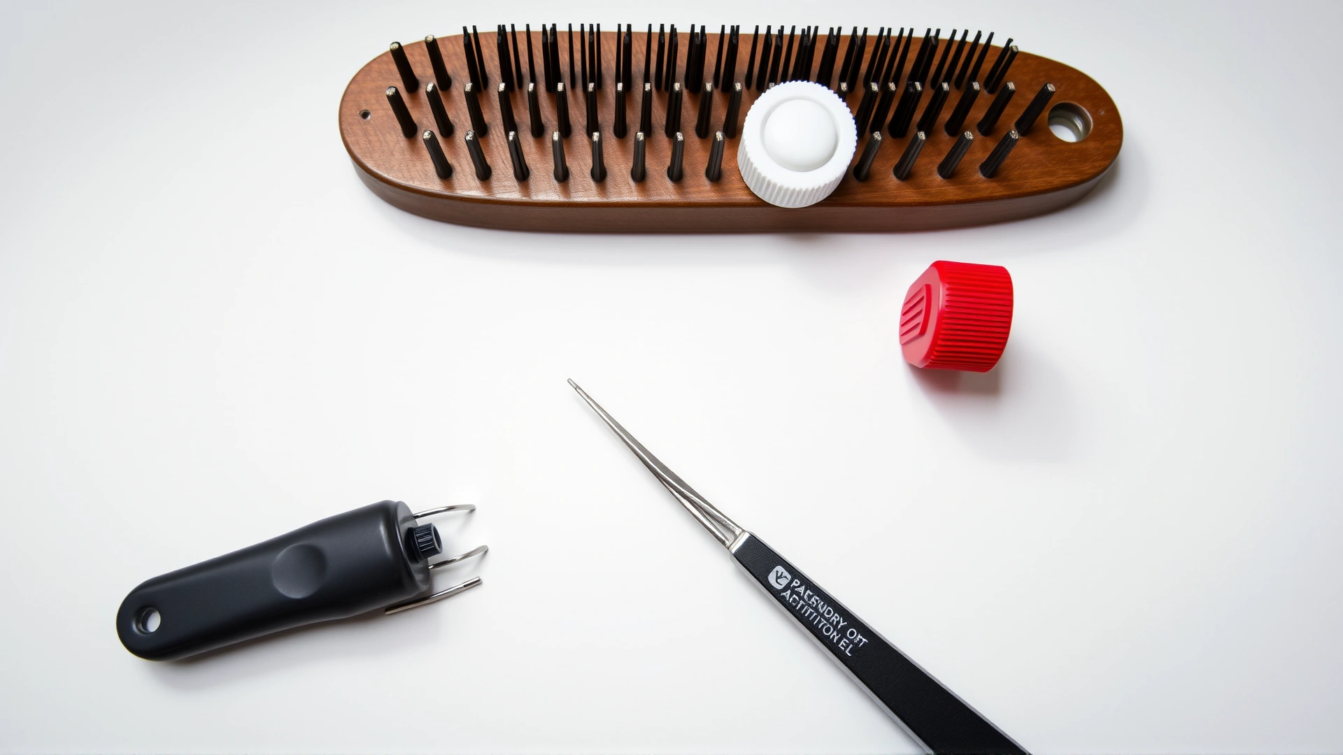 Tick removal tool (tweezers) and antiseptic bottle on a white table next to cat brush, flat lay.