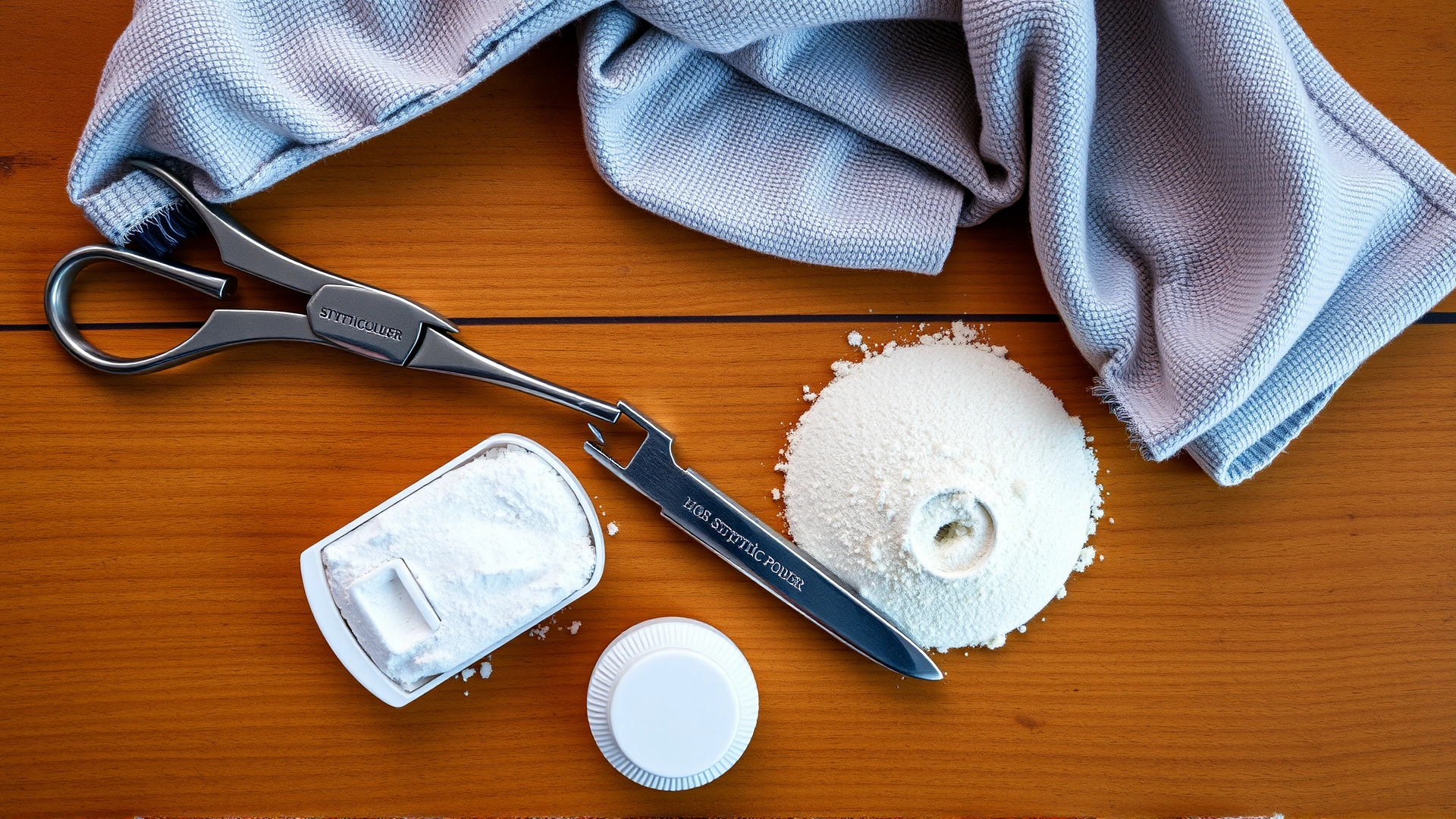 Top-down view of bird nail grooming tools including small scissor-style clippers, guillotine-style clippers, styptic powder and a small towel, on a wooden table.