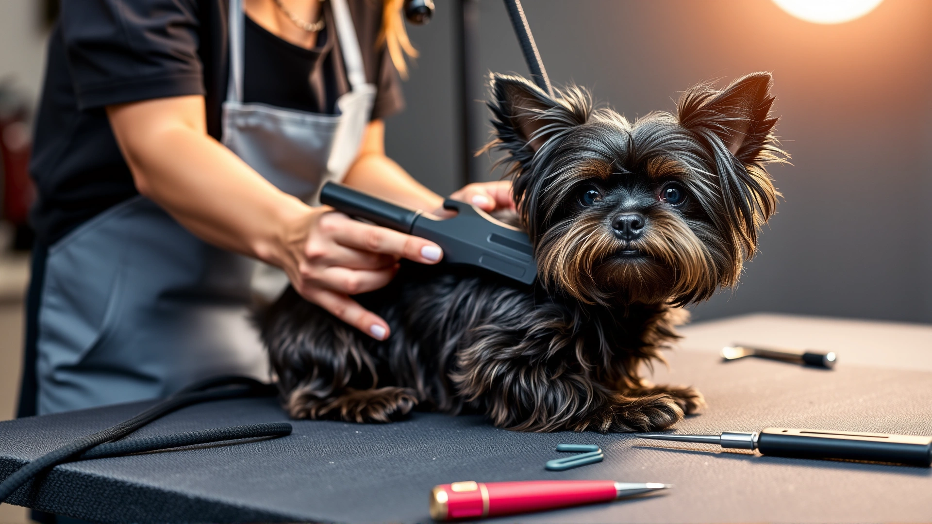 Professional groomer brushing an Affenpinscher on a grooming table with grooming tools visible, studio lighting.
