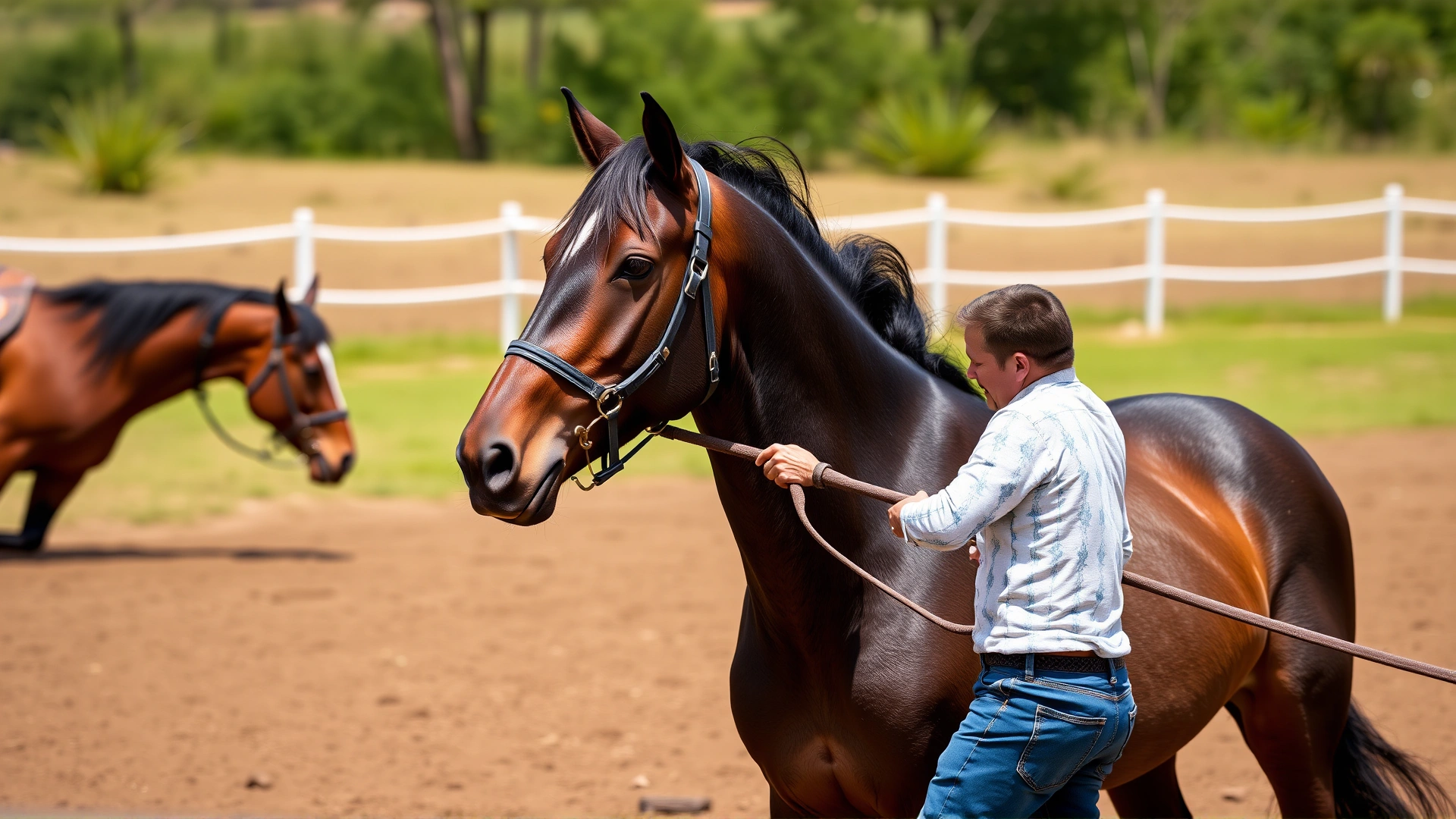 Trainer working a horse on a lunge line in a round pen, encouraging forward movement, clear body language without stress