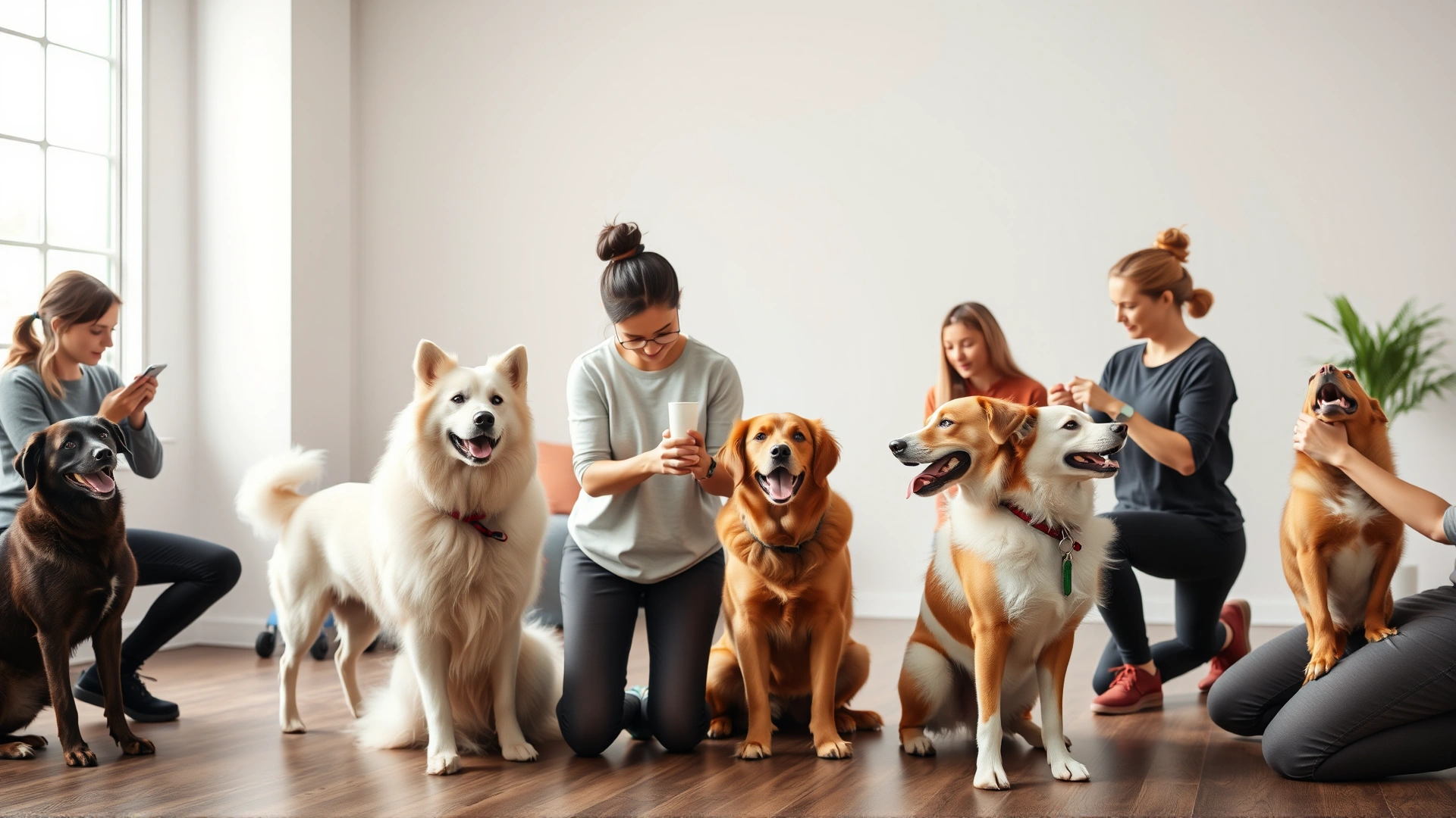 Small group class of diverse people practicing doga with different breeds in a bright studio