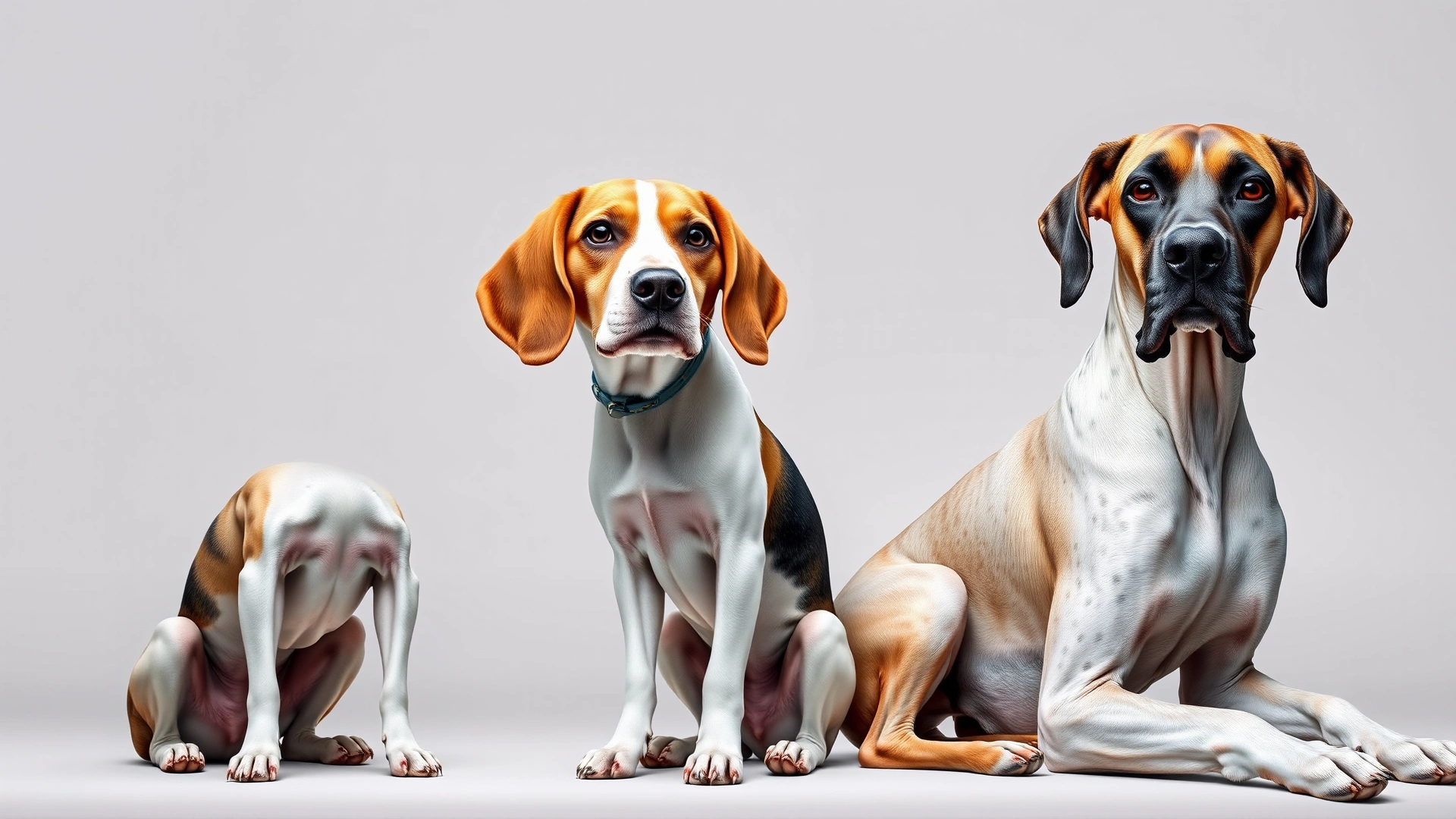 Three dogs of different sizes (Chihuahua, Beagle, Great Dane) sitting side by side on a neutral background to illustrate breed-size differences.