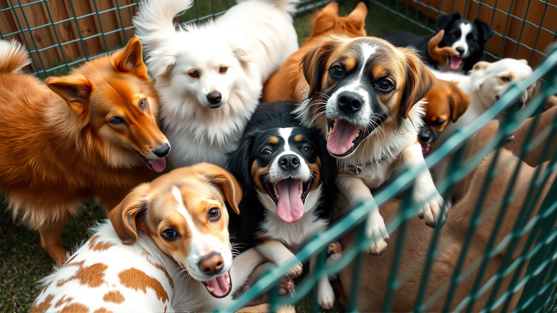 Mixed-size dogs playing together in an overcrowded play yard, illustrating improper grouping.