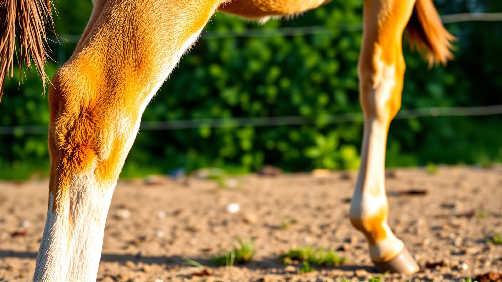 Low-angle photograph focusing on a foal’s front leg showing mild symmetrical swelling just above the fetlock joint, outdoor natural light, no text