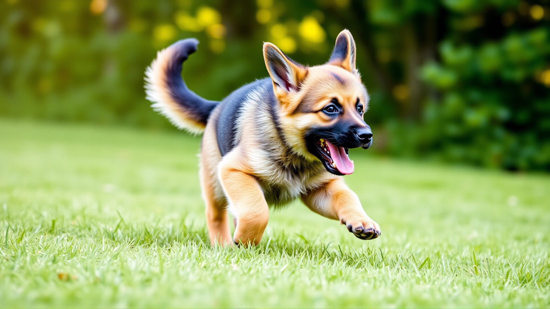 Playful German Shepherd puppy running on green grass with tongue out, bright daylight, motion blur effect