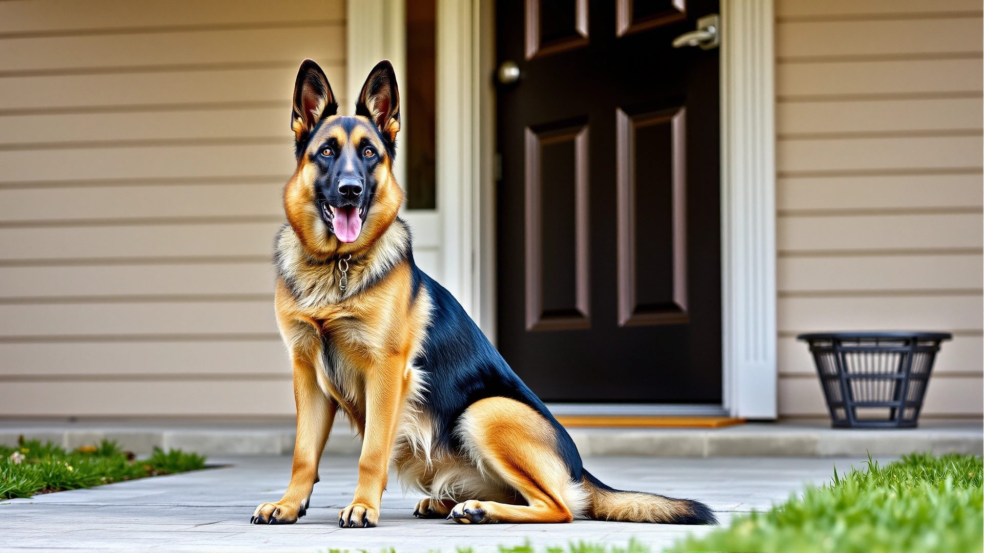 Alert German Shepherd sitting upright on its owner's feet near a front door, ears perked, showcasing protective behavior.